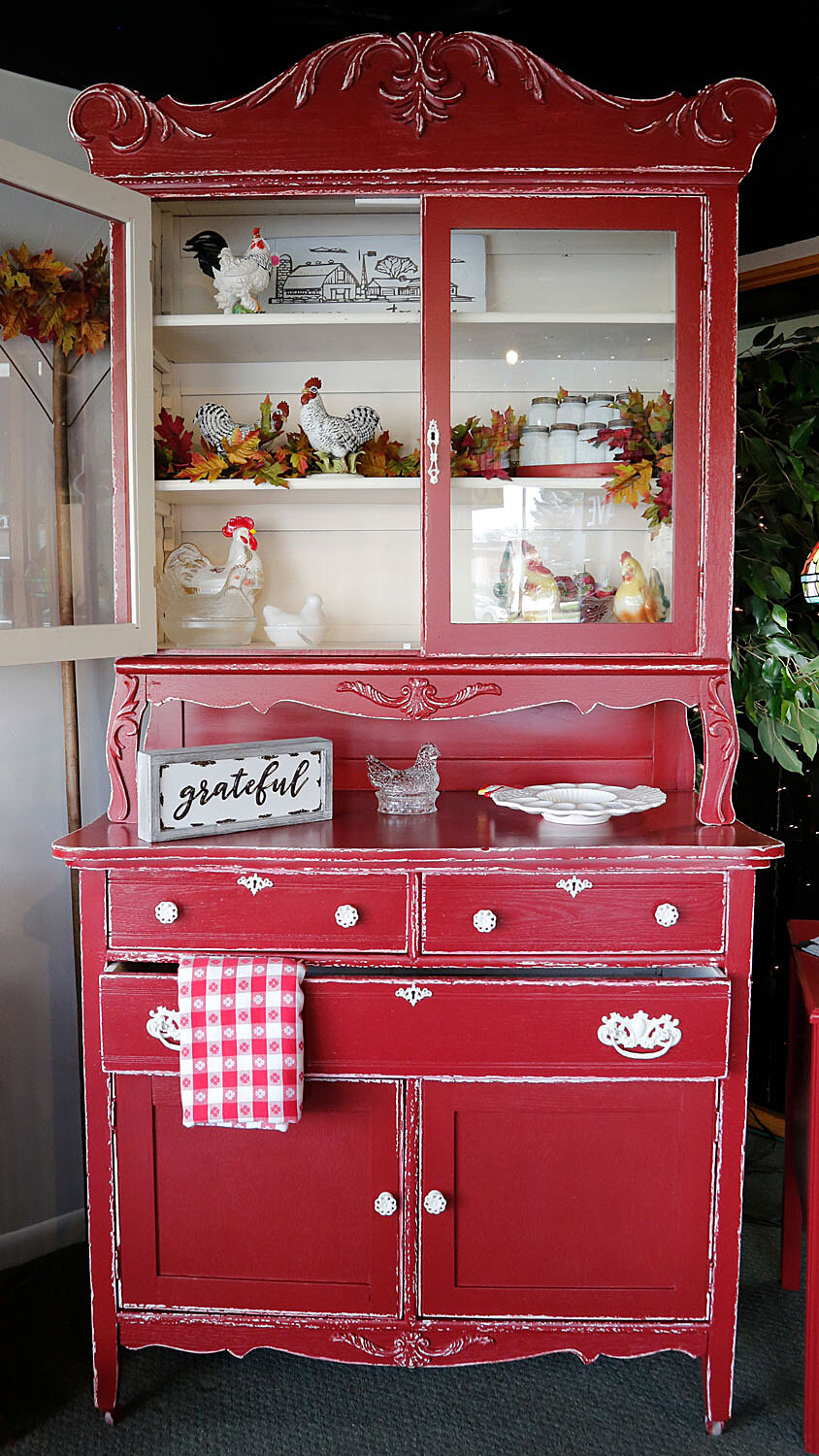 Past and Present Home Gallery Vintage, distressed red hutch