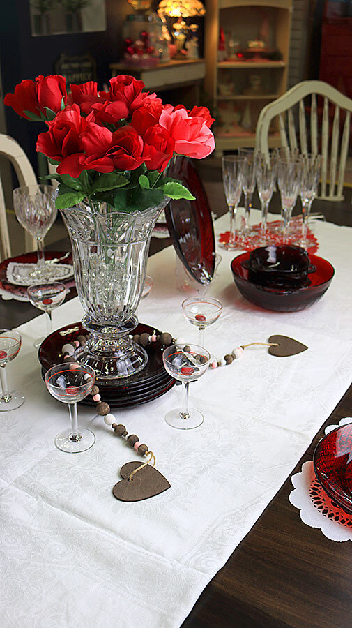 Crystal Vase and Red Glass Dinnerware