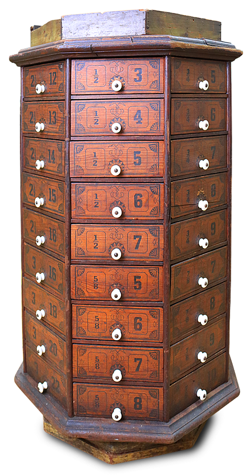 Antique bolts and screws cabinet from the American Bolts &amp; Screws Case Company circa 1903 located at Past and Present Home Gallery in Alexandria, Minnesota.