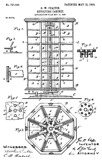 The original patent design created by George W. Chaffin in 1903 for the American Bolt &amp; Screw Case Company.