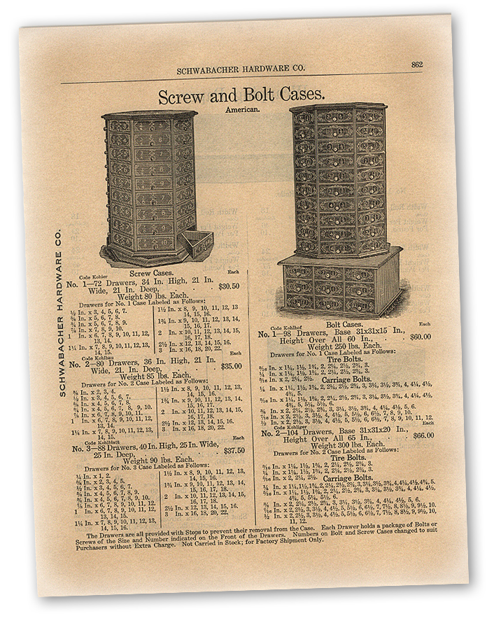 An authentic ad from a 1903 catalog that depicts the American Bolt &amp; Screw Case Company’s rotating octagonal wooden cabinet.
