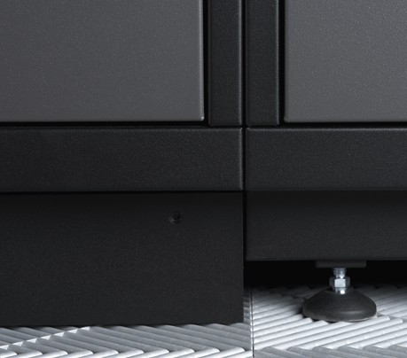 KICK-PLATE BASE - Leveling legs accommodate for unlevel floors, while a steel enclosure supports and fortifies the entire cabinet. Adding a fascia cover plate is also an option.