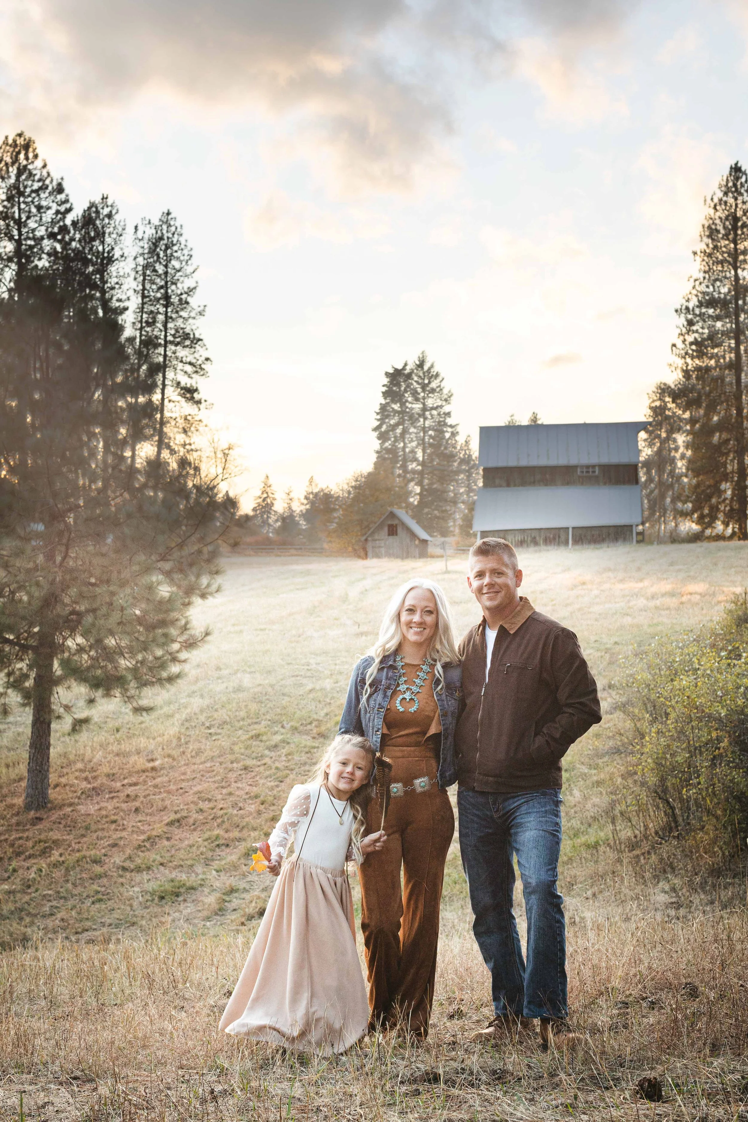 Family of Three Portrait in Foggy Fall Weather