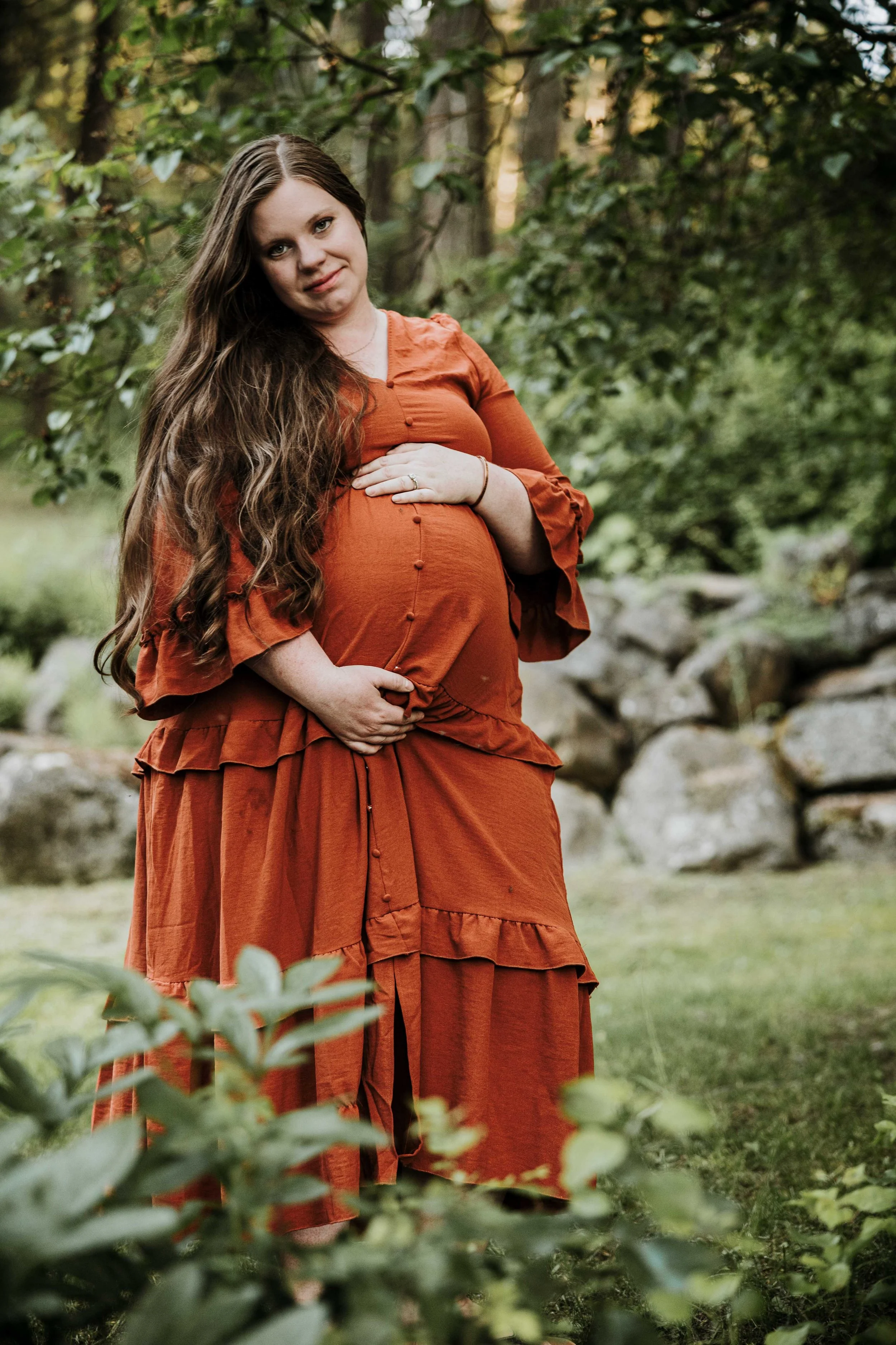 Maternity portrait with flowing dress in Athol, idaho