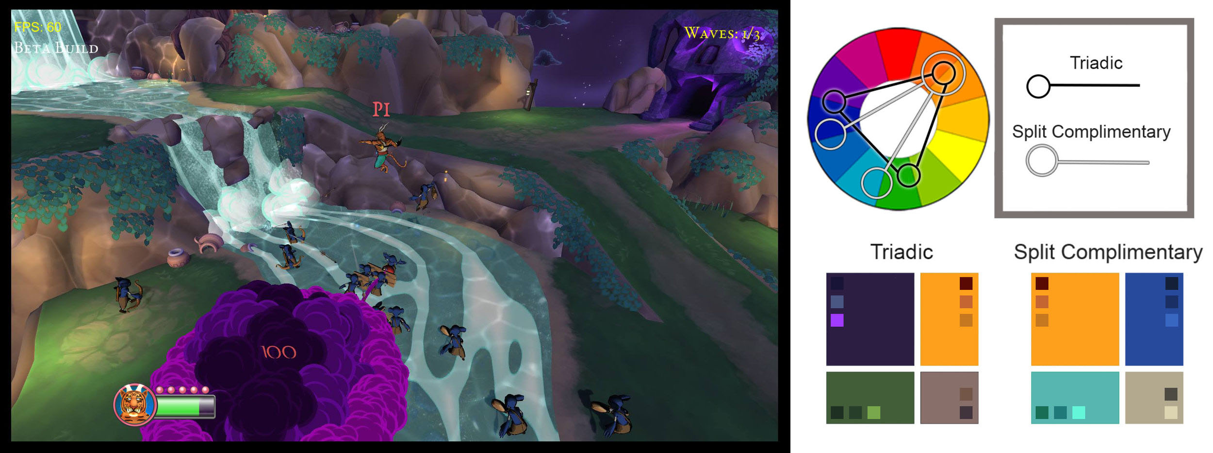 This image shows the environment using the triadic palette, and the characters using the split complimentary palette