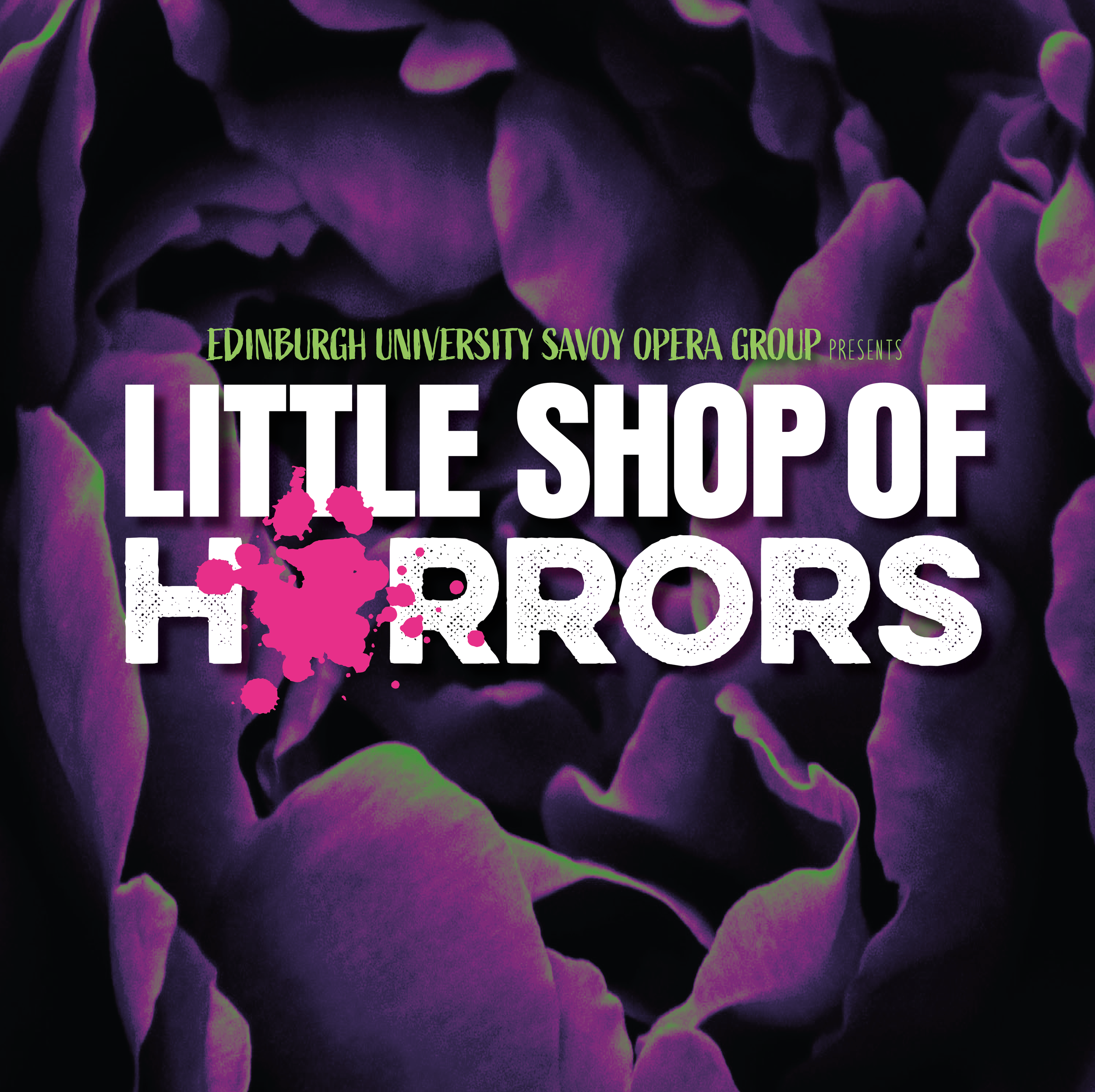 Theatre poster concept for Little Shop of Horrors featuring stylized plant vine graphic integrated with typography against a distressed background