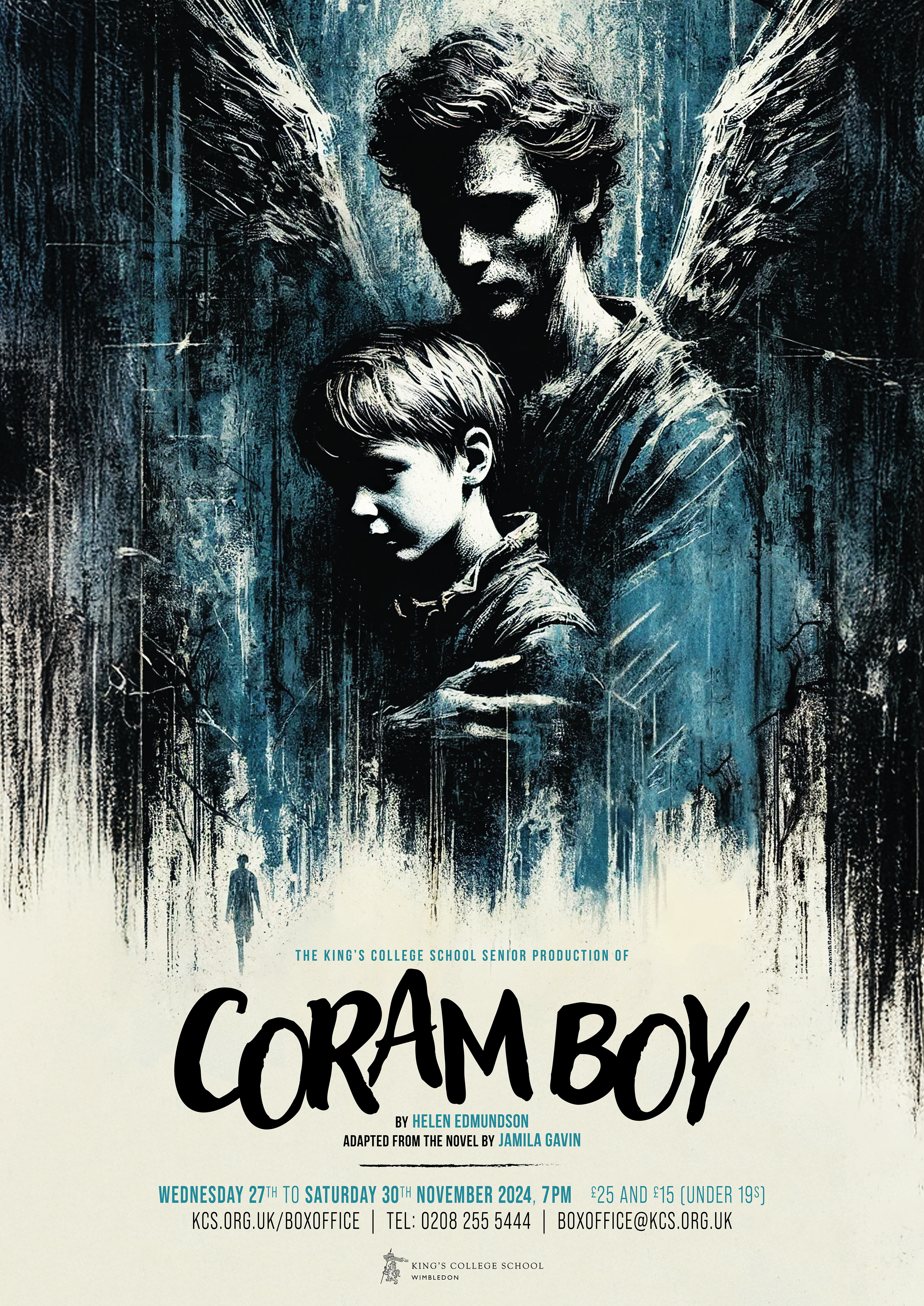 Theatre poster design for Coram Boy featuring expressive illustration of a guardian figure with wings holding a child, rendered in textured monochrome tones to convey emotion and atmosphere