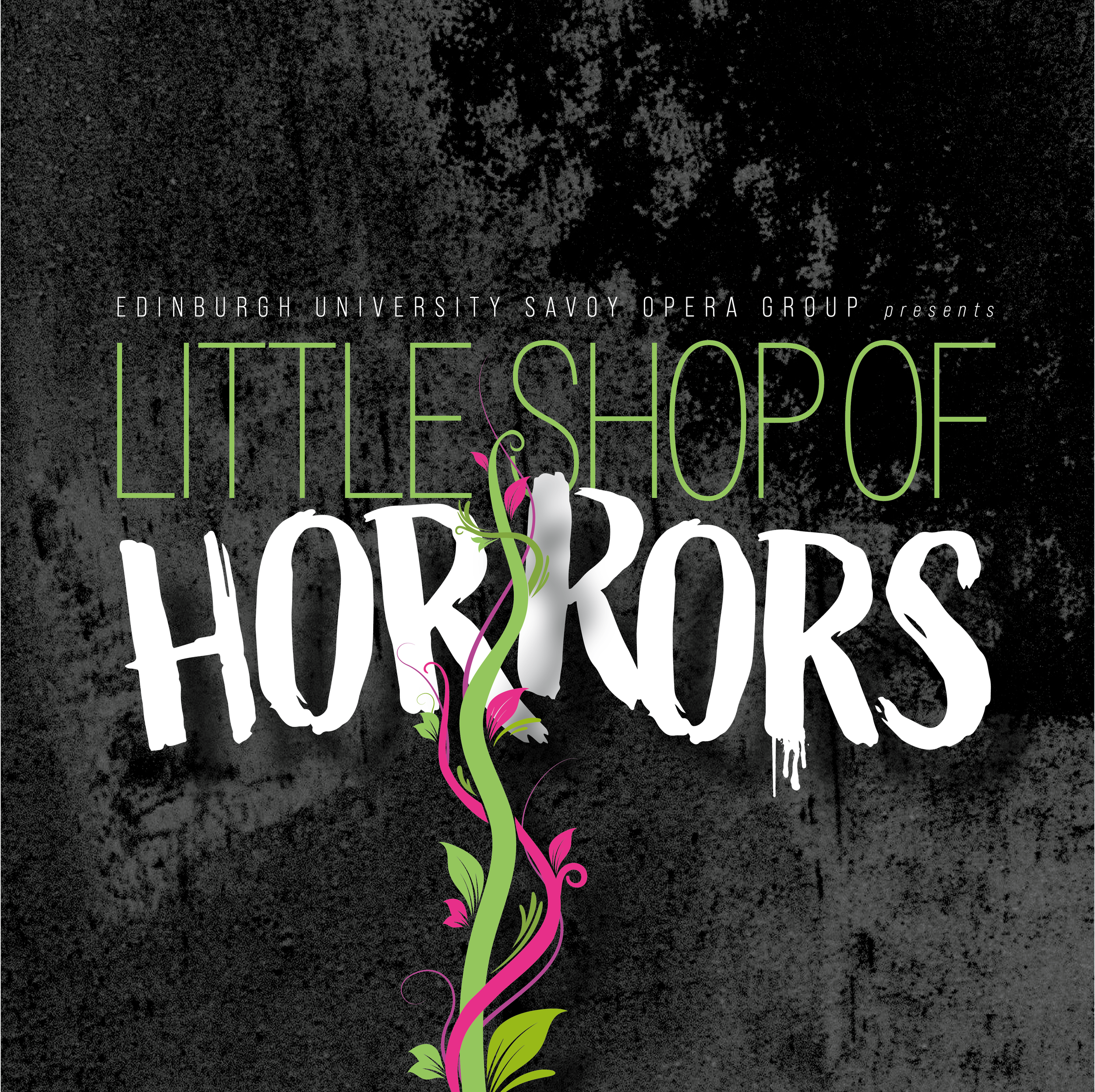 Theatre poster concept for Little Shop of Horrors featuring stylized plant vine graphic integrated with typography against a distressed background
