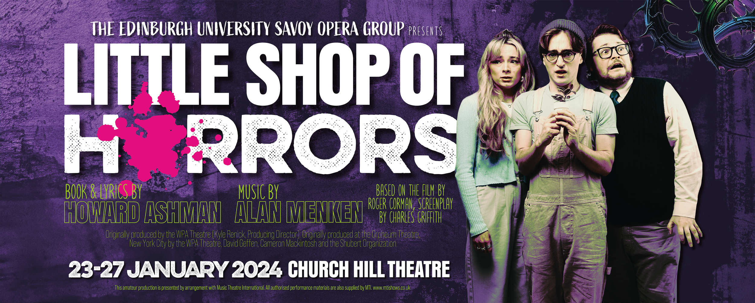 Theatre marketing poster for Little Shop of Horrors featuring cast photography, bold typography, and vibrant colour treatment highlighting the musical’s dark comedy and character-driven energy