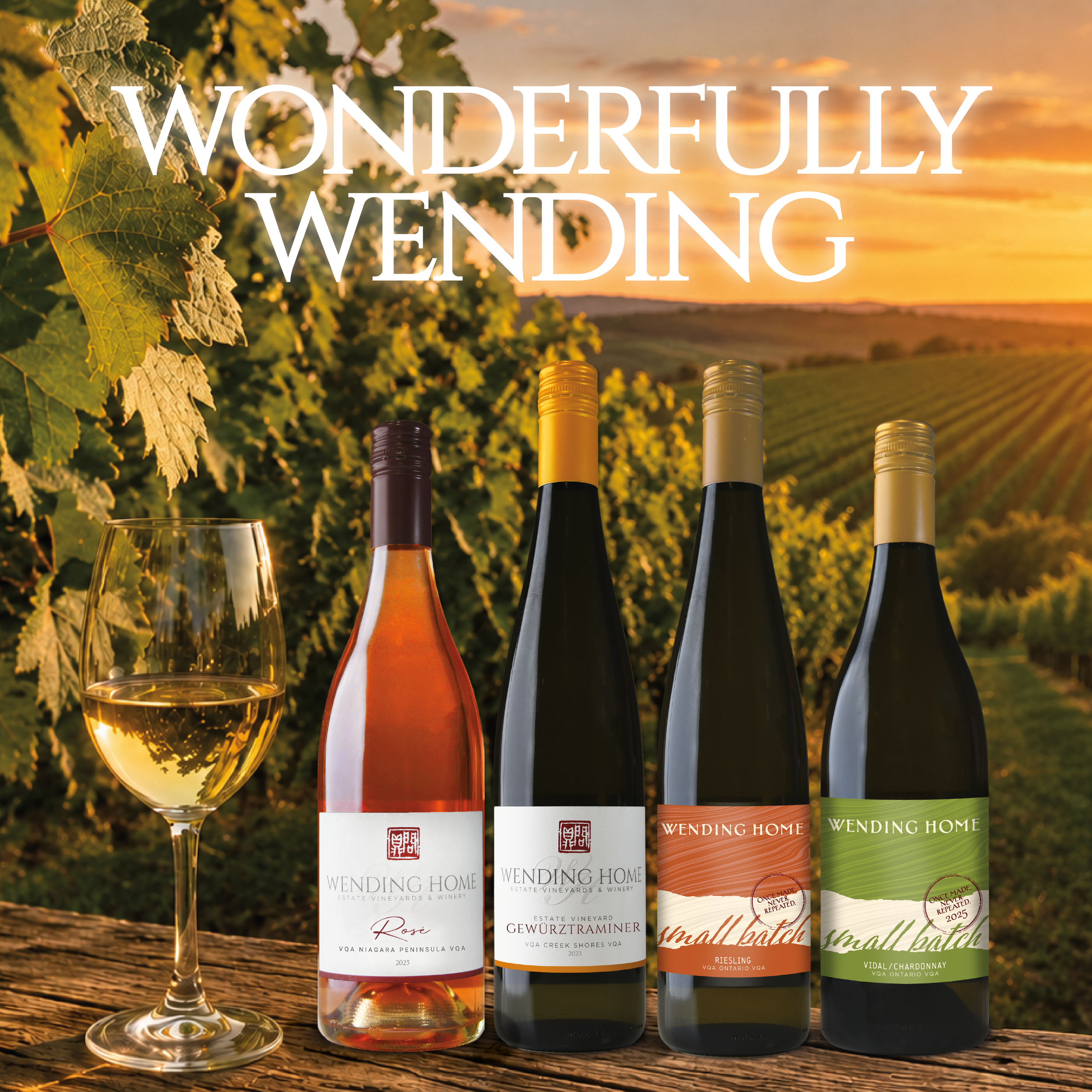 Original winery branding and wine label design for Wending Home created by Creativesphere graphic design studio