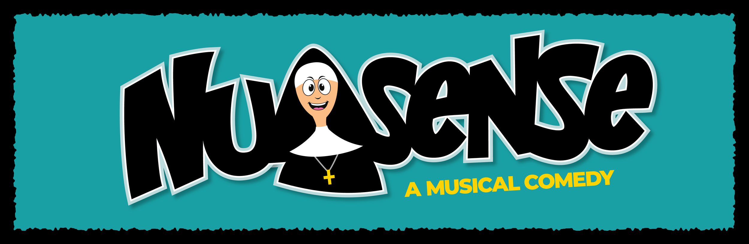 Theatre marketing and logo design for Nunsense by Ayr Community Theatre featuring bold playful typography and illustrated character integrated into the title design