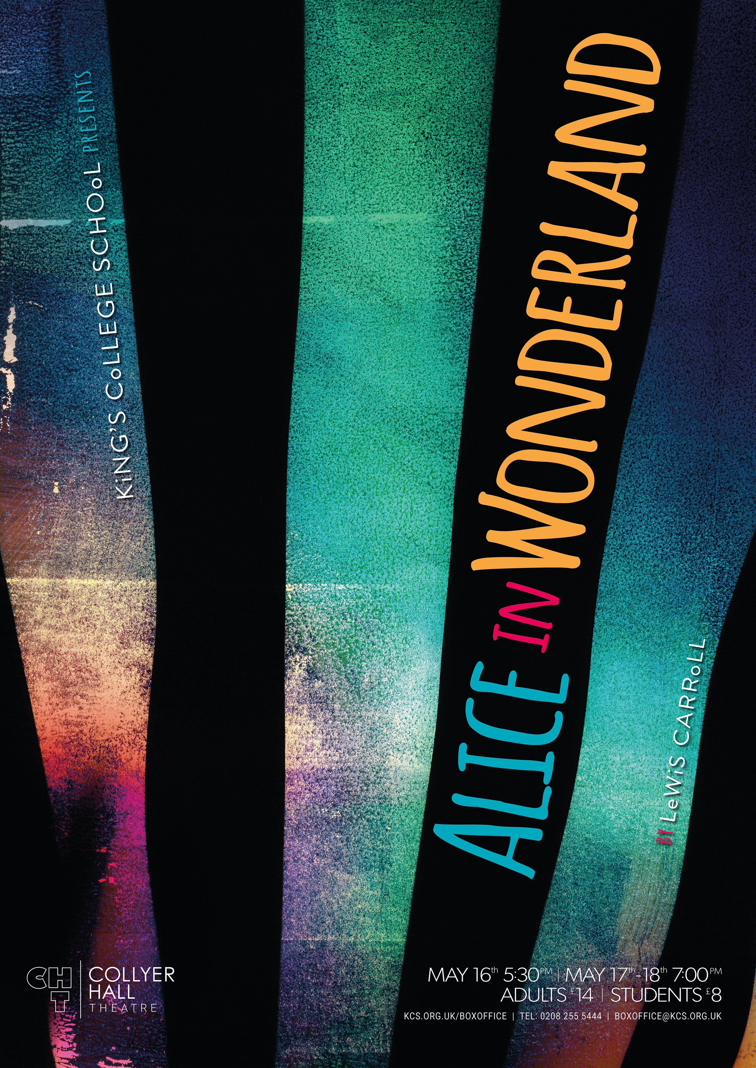 Theatre poster design for Alice in Wonderland featuring abstract layered textures, bold vertical typography, and vibrant colour gradients creating a surreal and imaginative visual style