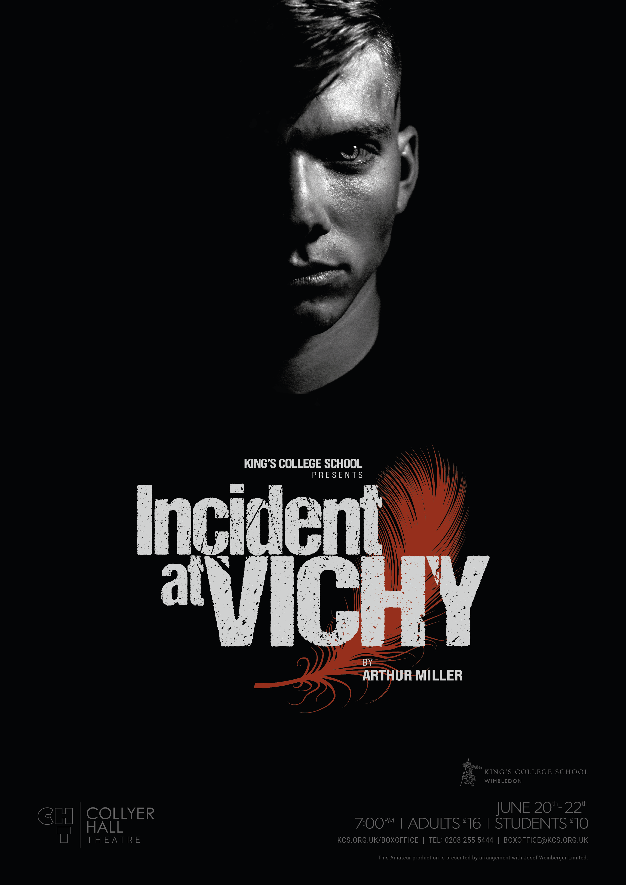 Theatre poster design for Incident at Vichy featuring stark black and white portrait lighting, distressed typography, and a red feather motif conveying tension and historical drama