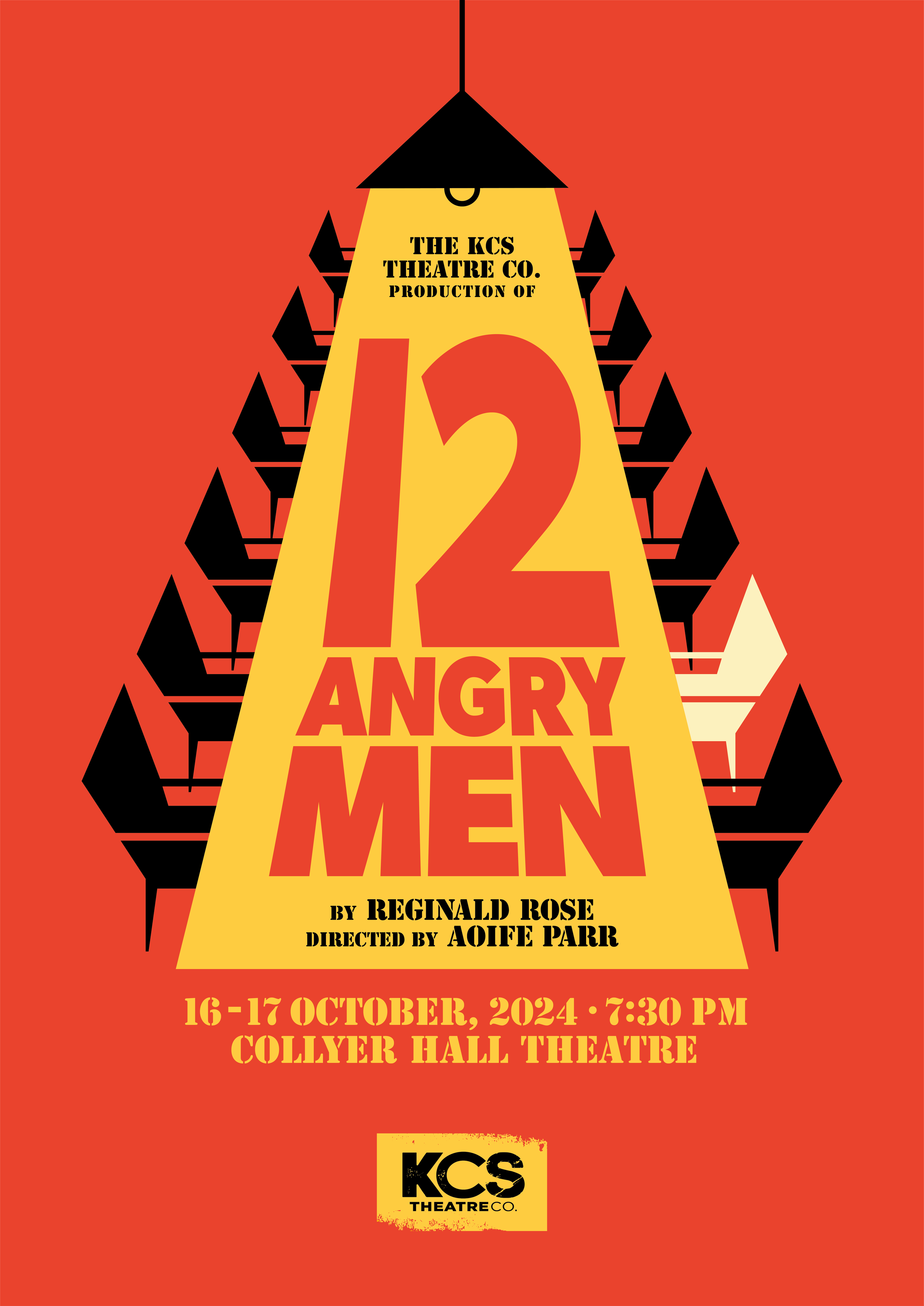 Theatre poster design for 12 Angry Men featuring bold geometric composition, dramatic spotlight effect, and strong typographic hierarchy reflecting tension and courtroom drama