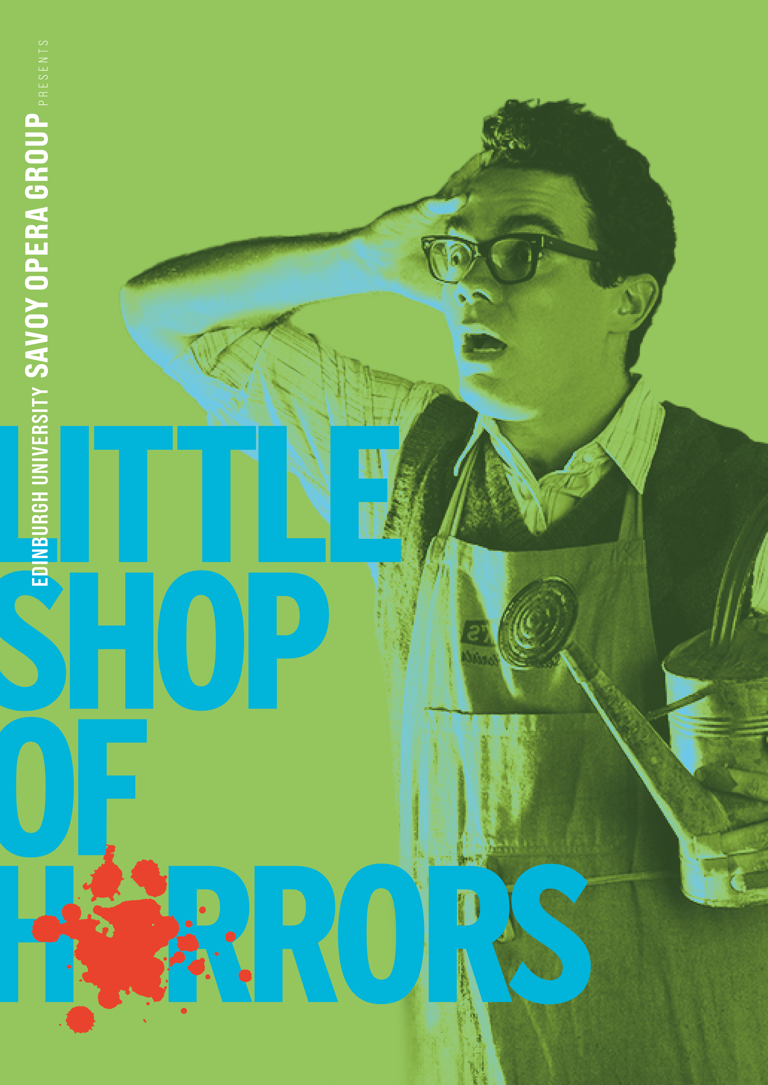 Theatre marketing poster for Little Shop of Horrors featuring cast photography, bold typography, and vibrant colour treatment highlighting the musical’s dark comedy and character-driven energy