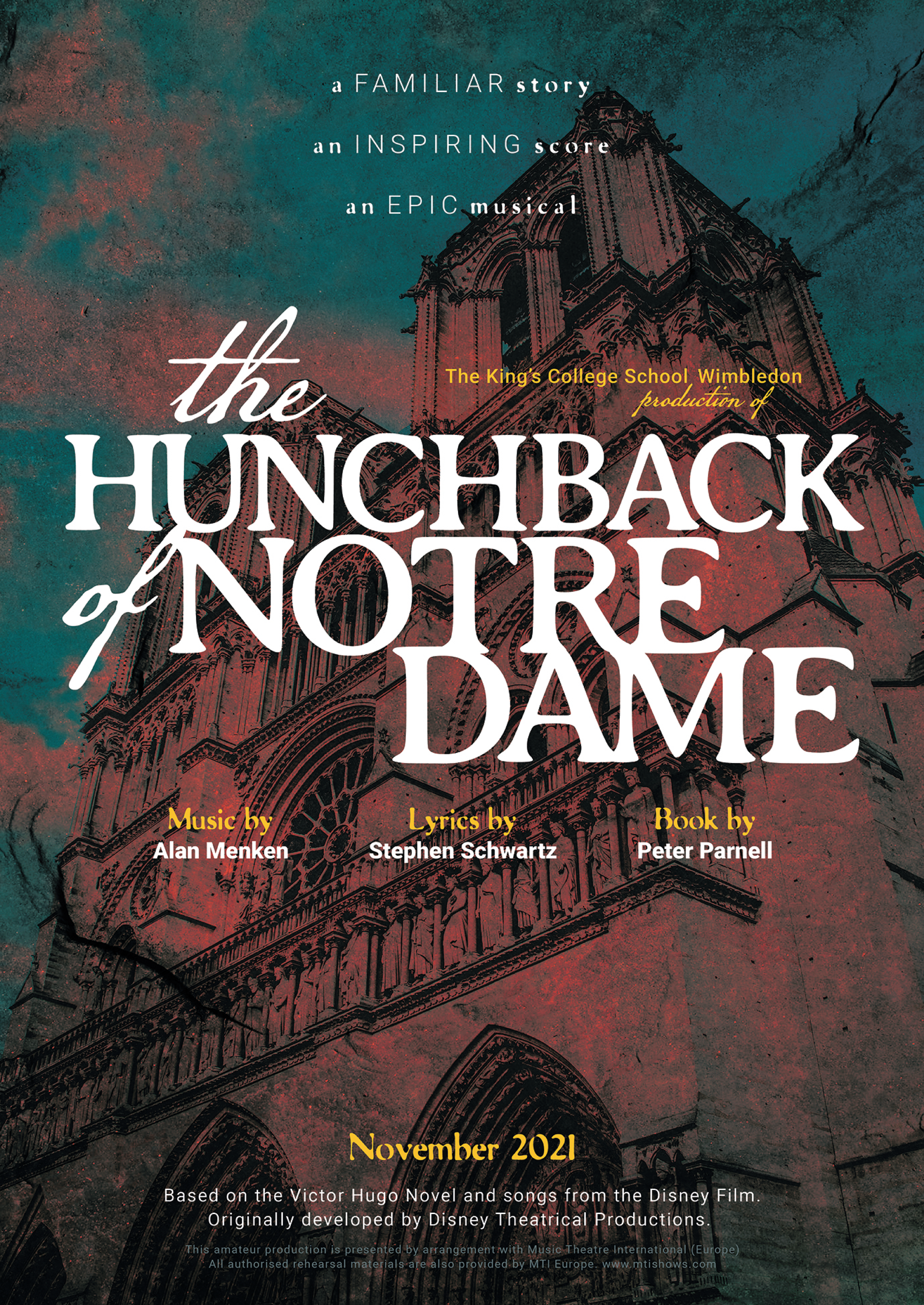 Theatre marketing and poster design for The Hunchback of Notre Dame, produced by KCS Theatre Co. Creativesphere creates cinematic, atmosphere-driven visuals that reflect scale, setting, and emotional depth.