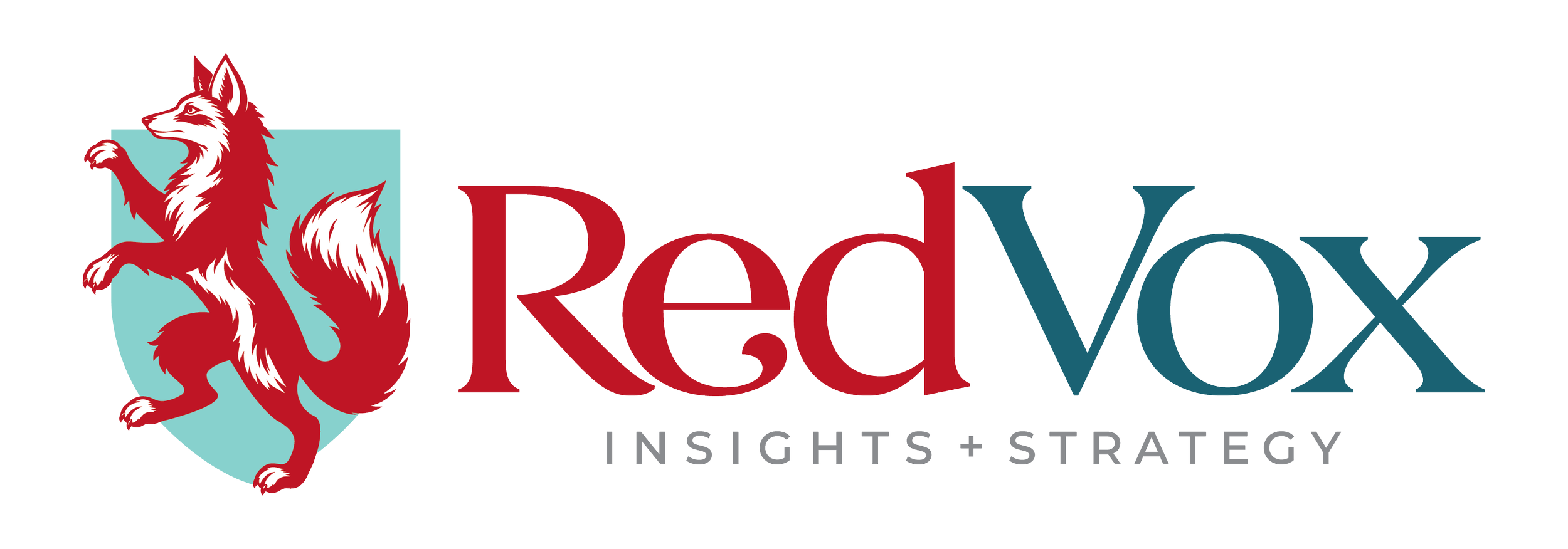 RedVox Insights + Strategy logo featuring a distinctive red heraldic fox against a coloured shield, paired with elegant red and grey typography. RedVox is an insights, research and brand strategy consultancy.