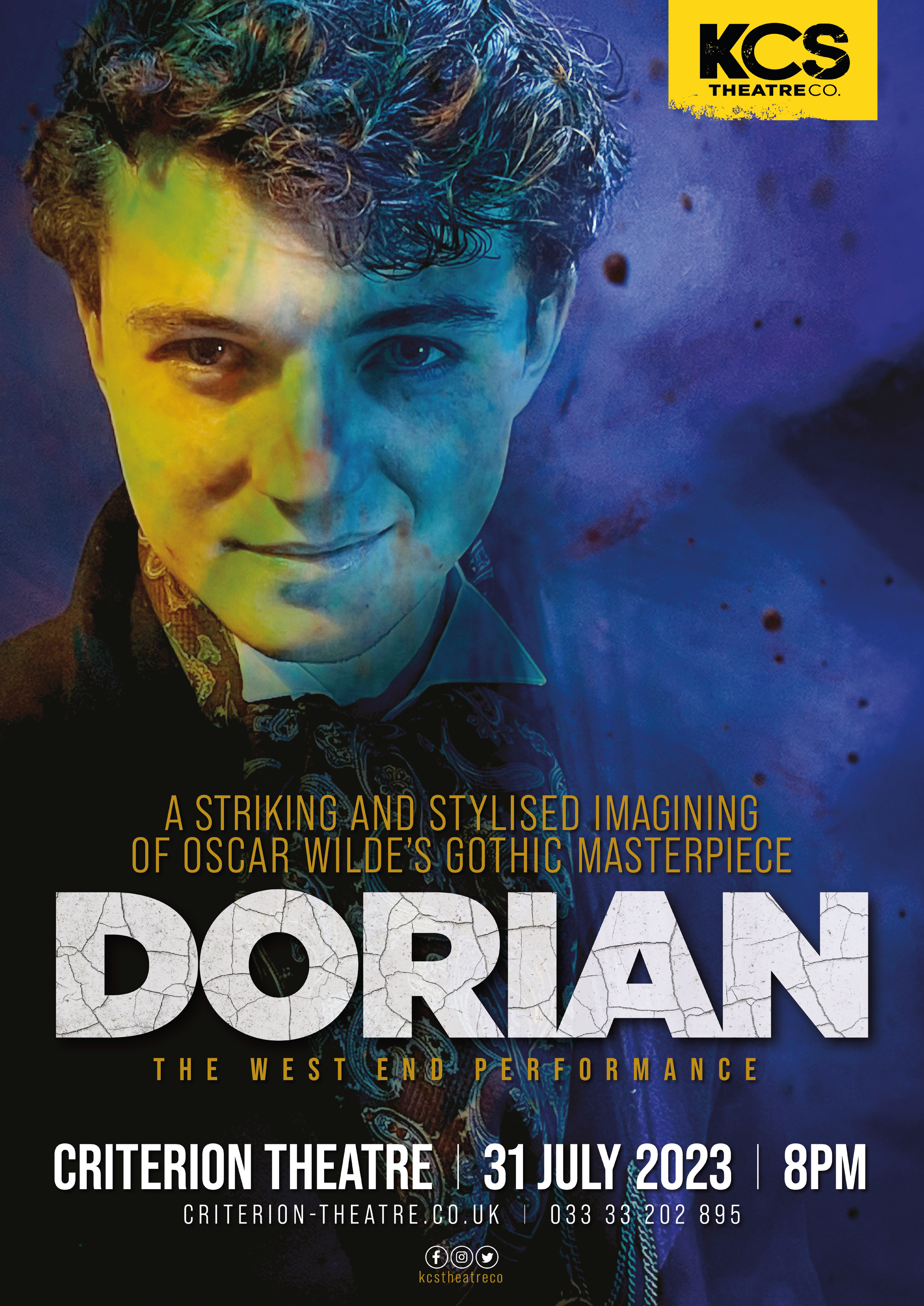 Theatre poster design for Dorian featuring stylized portrait with split colour treatment and textured typography capturing a modern gothic tone