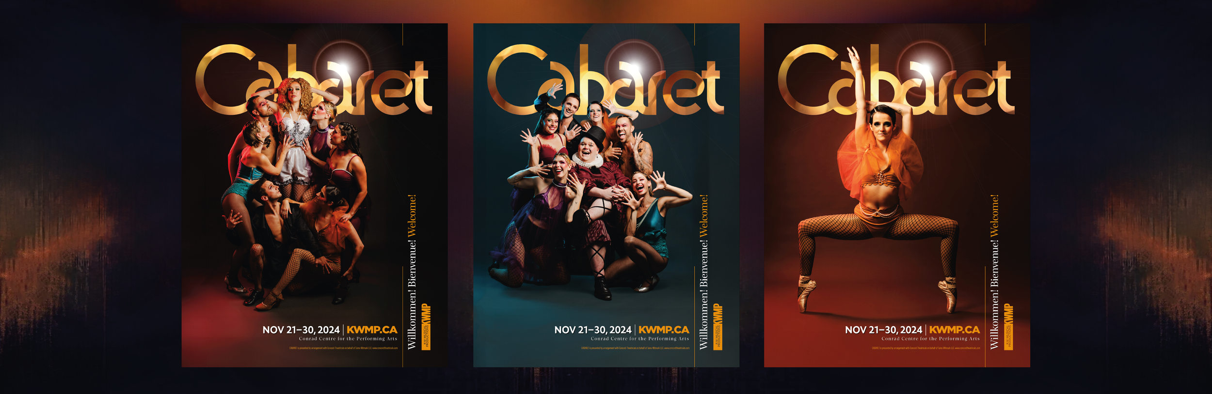 Theatre marketing campaign posters and key art for Cabaret designed by Creativesphere, featuring dramatic performance photography and bold gold typography promoting the stage production.