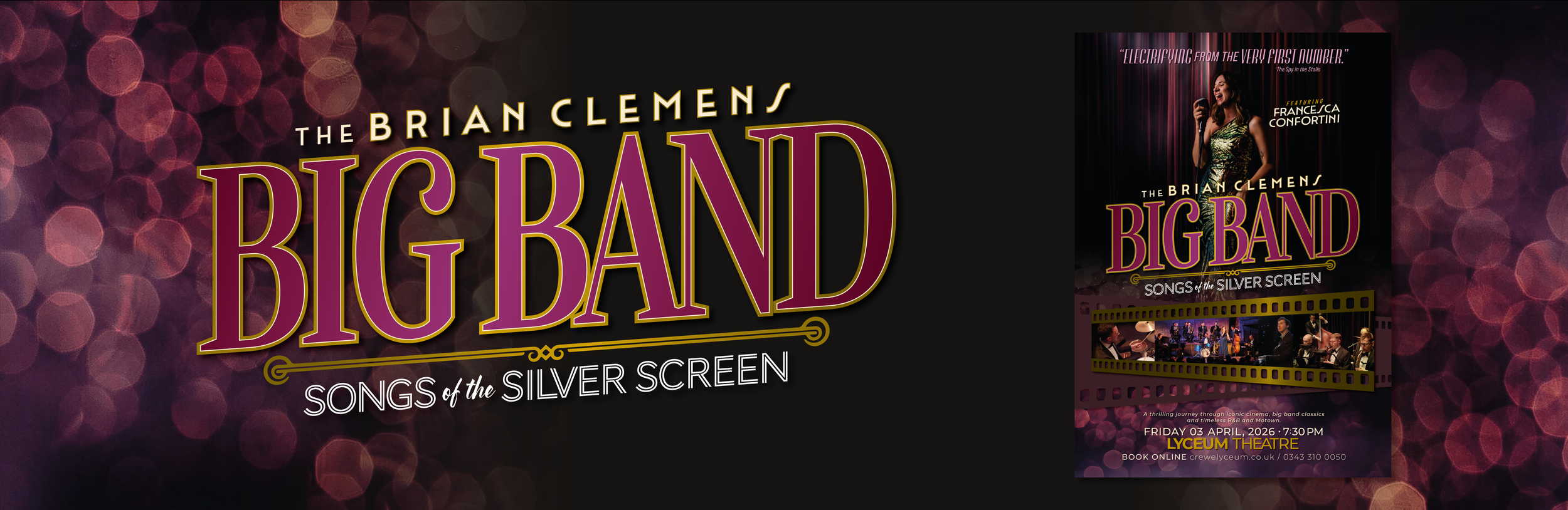 The Brian Clemens Big Band – Songs of the Silver Screen theatre marketing poster design featuring bold gold typography, cinematic styling and live performance imagery, designed by Creativesphere.