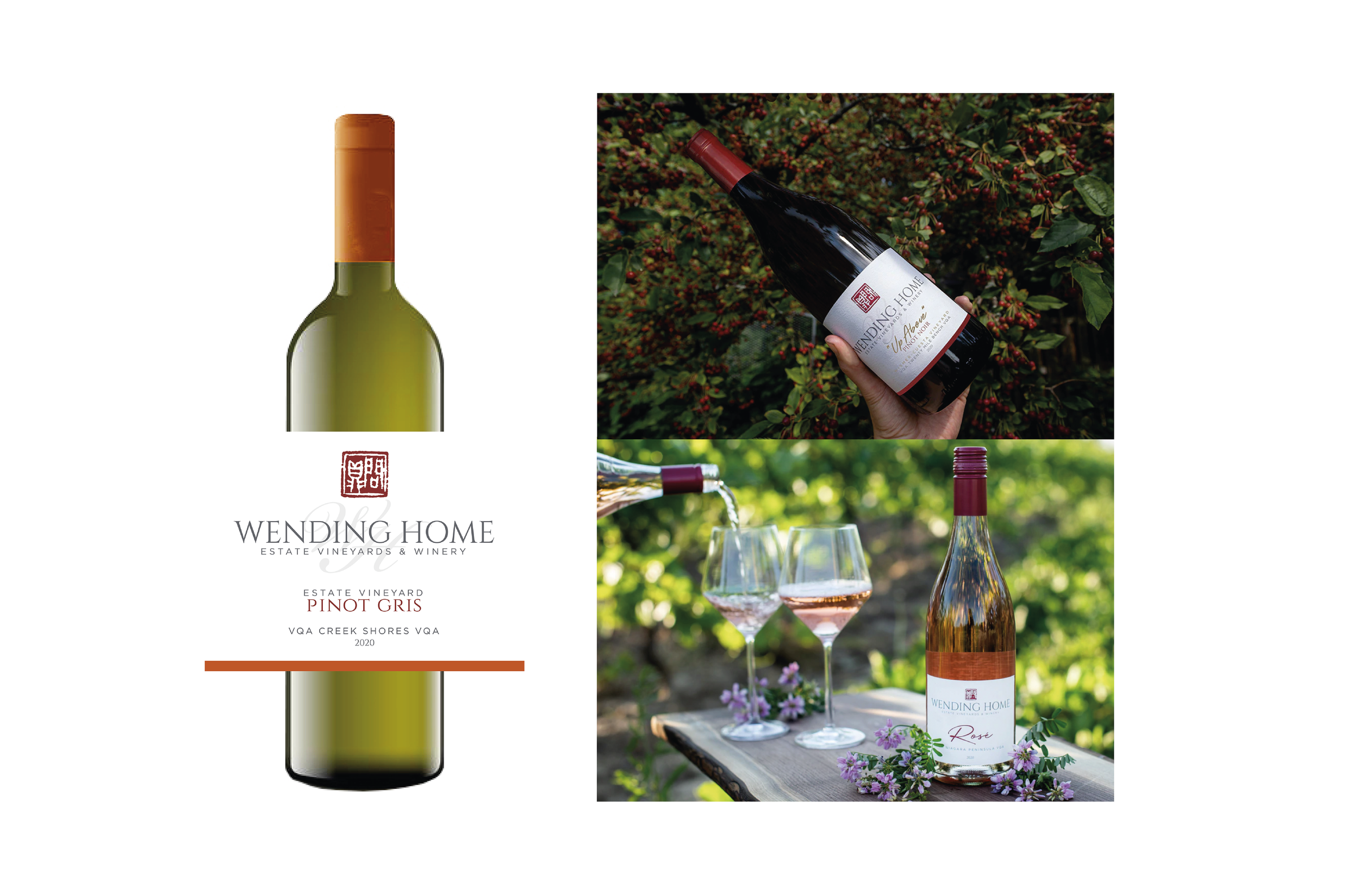 Original winery branding and wine label design for Wending Home created by Creativesphere graphic design studio
