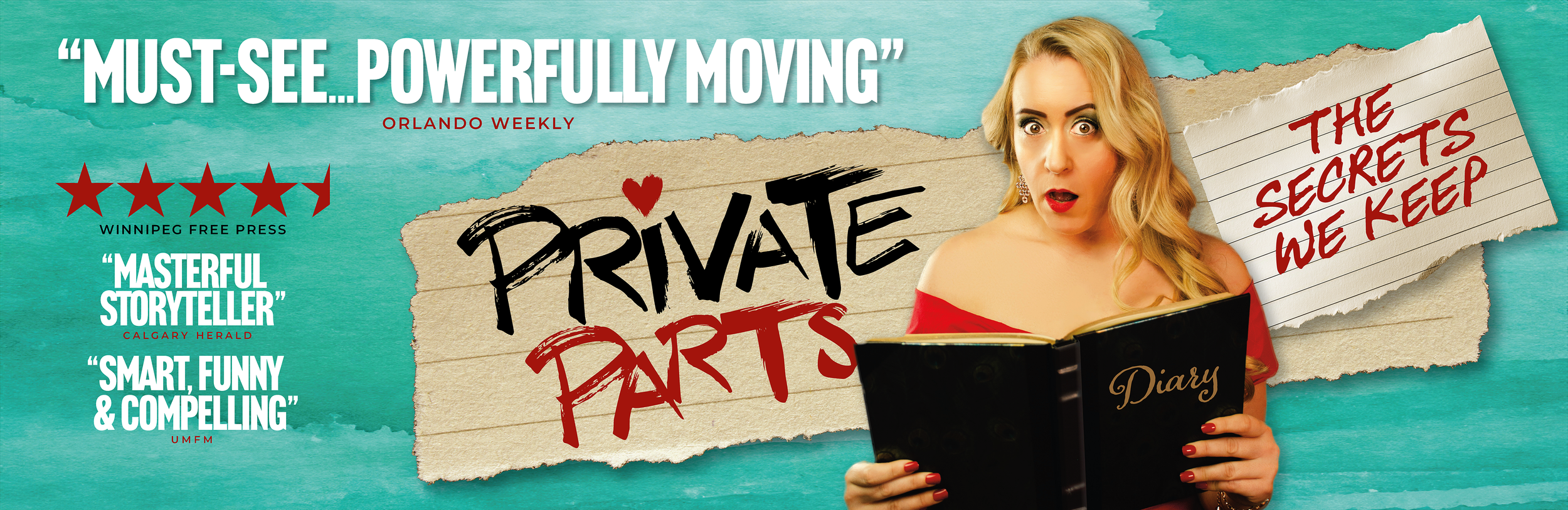 Theatre marketing key art design for Private Parts fringe production featuring bold typography, torn paper textures, and character-driven imagery with a contemporary dramatic tone