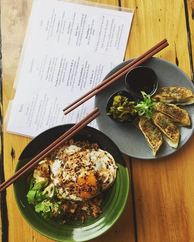 Pan fried vegetables gyoza with pickled mustard green and kim chi fried rice with a togarashi fried egg 😍 @milkbarbrunswickheads
