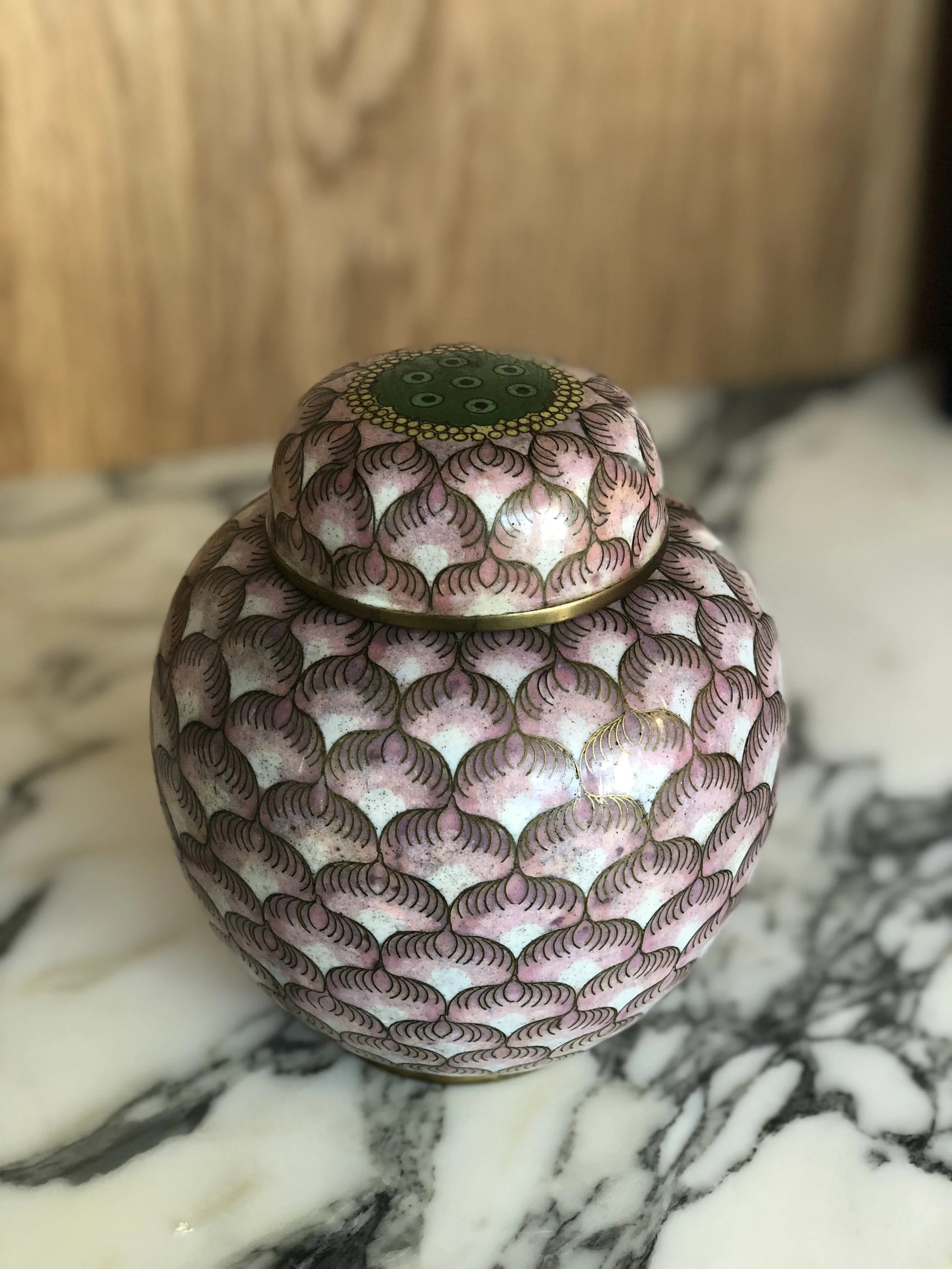 Vintage Pink & Emerald Green Cloisonne Vase