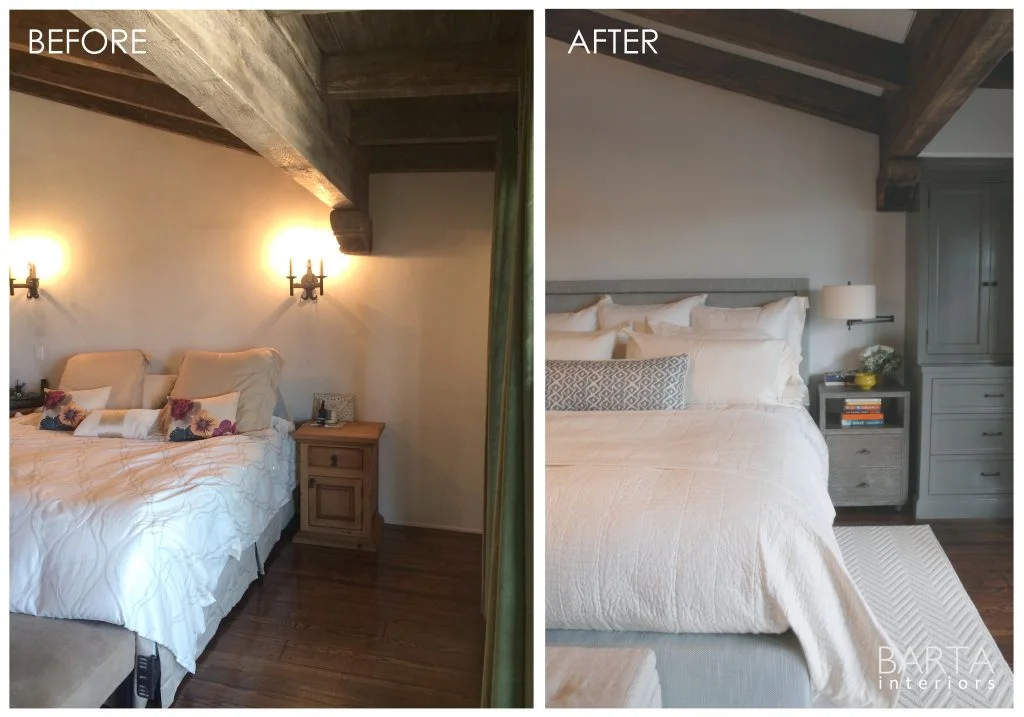 We painted the ceiling between the beams to brighten up the space, added a built in for much needed storage, and relocated the sconces to align with the new furniture. These swing arm sconces provide better light for reading and the rug adds warmth …