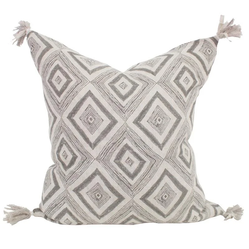 Geometric Grey & White Mud linen Throw Pillow with Tassles