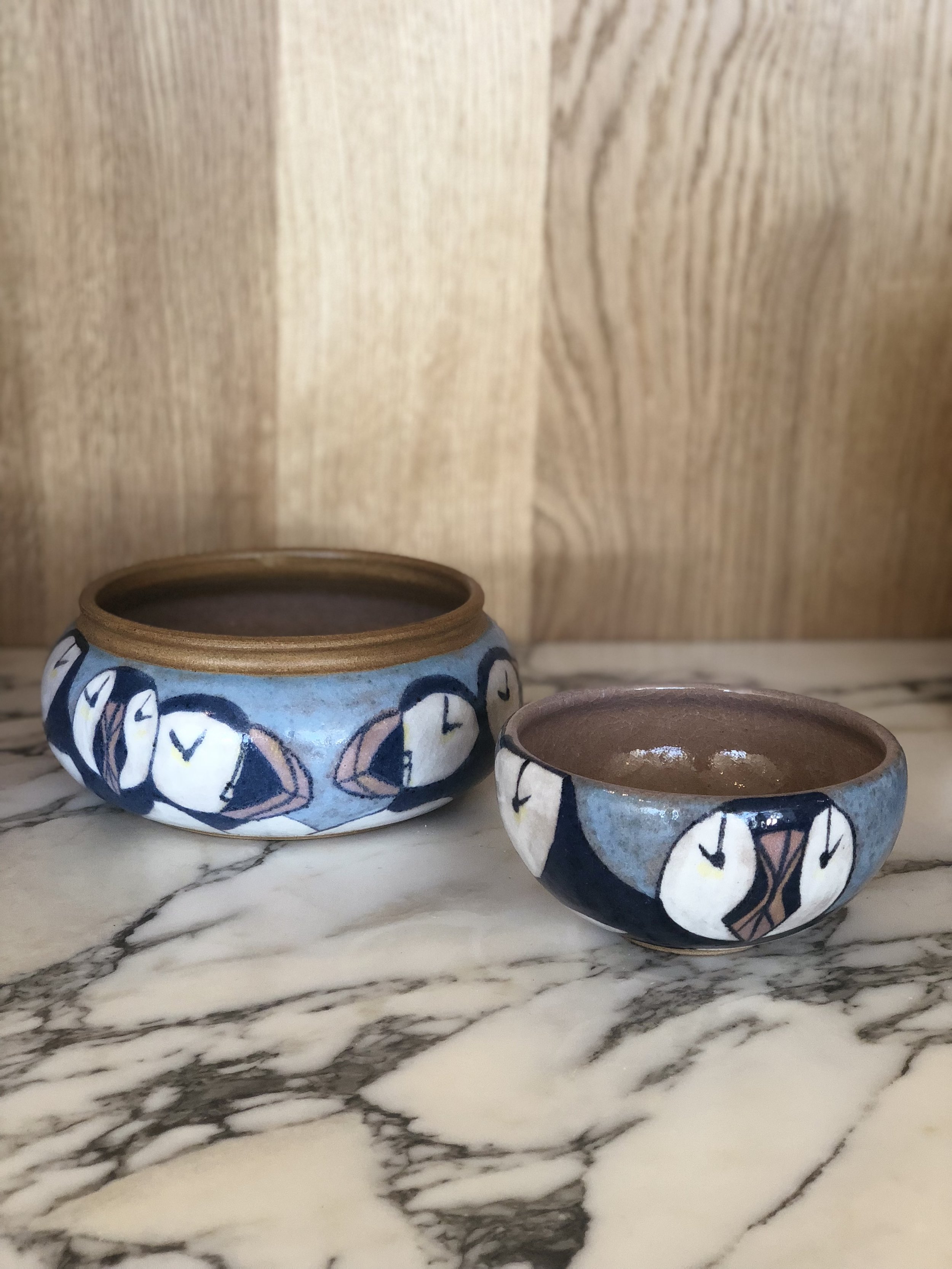 Charming Pair of Puffin Pottery Bowls