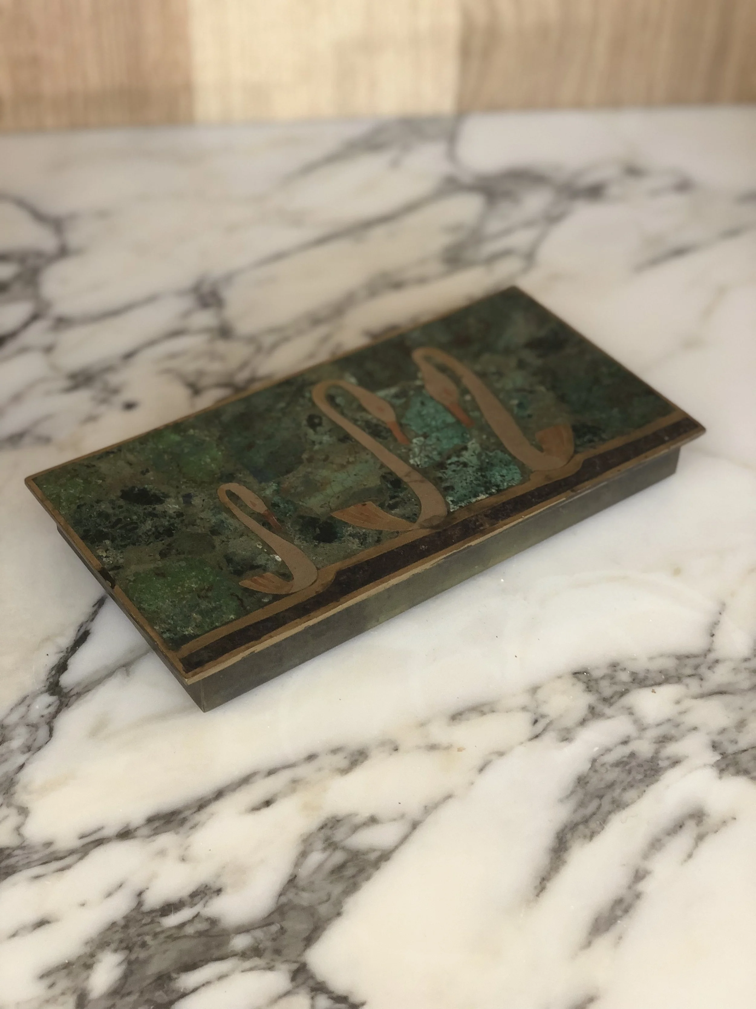 Hinged Malachite and Brass Box with Swans