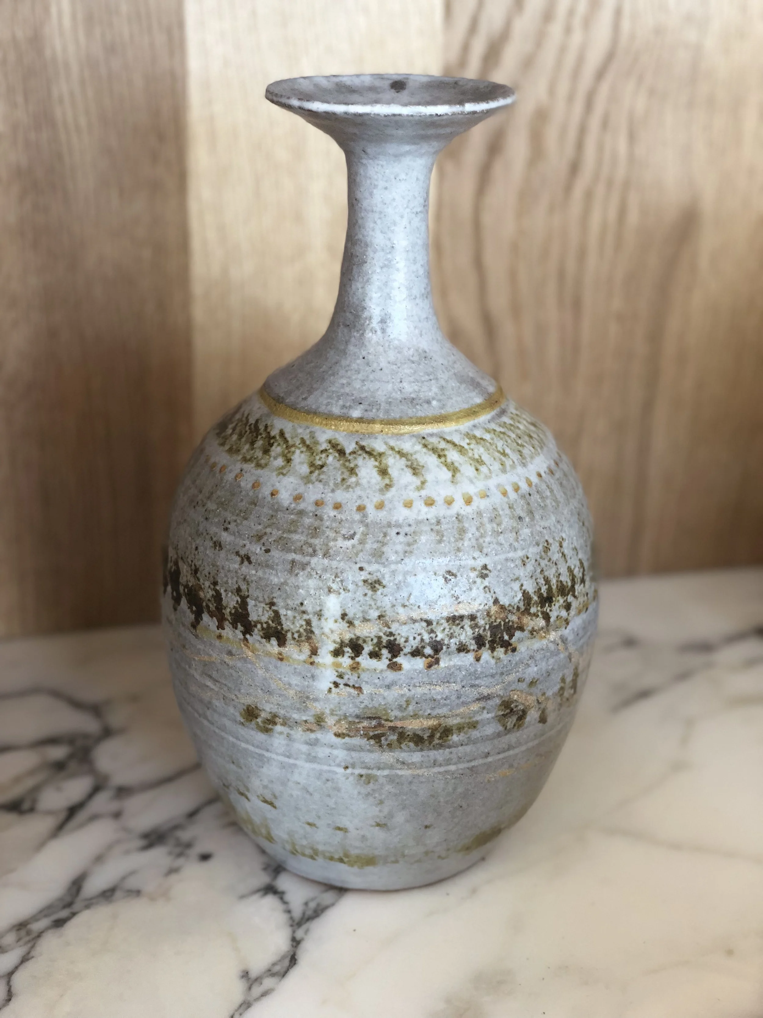Signed Tall Grey & Yellow Pottery Vase