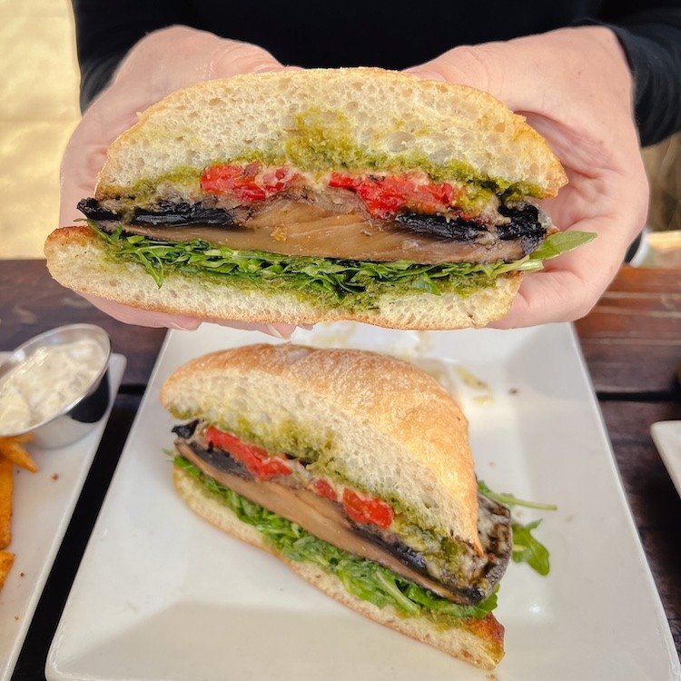 Kicking off the week with a balsamic marinated portobello mushroom, topped with havarti, roasted red peppers, red onions, pesto and arugula on ciabatta.