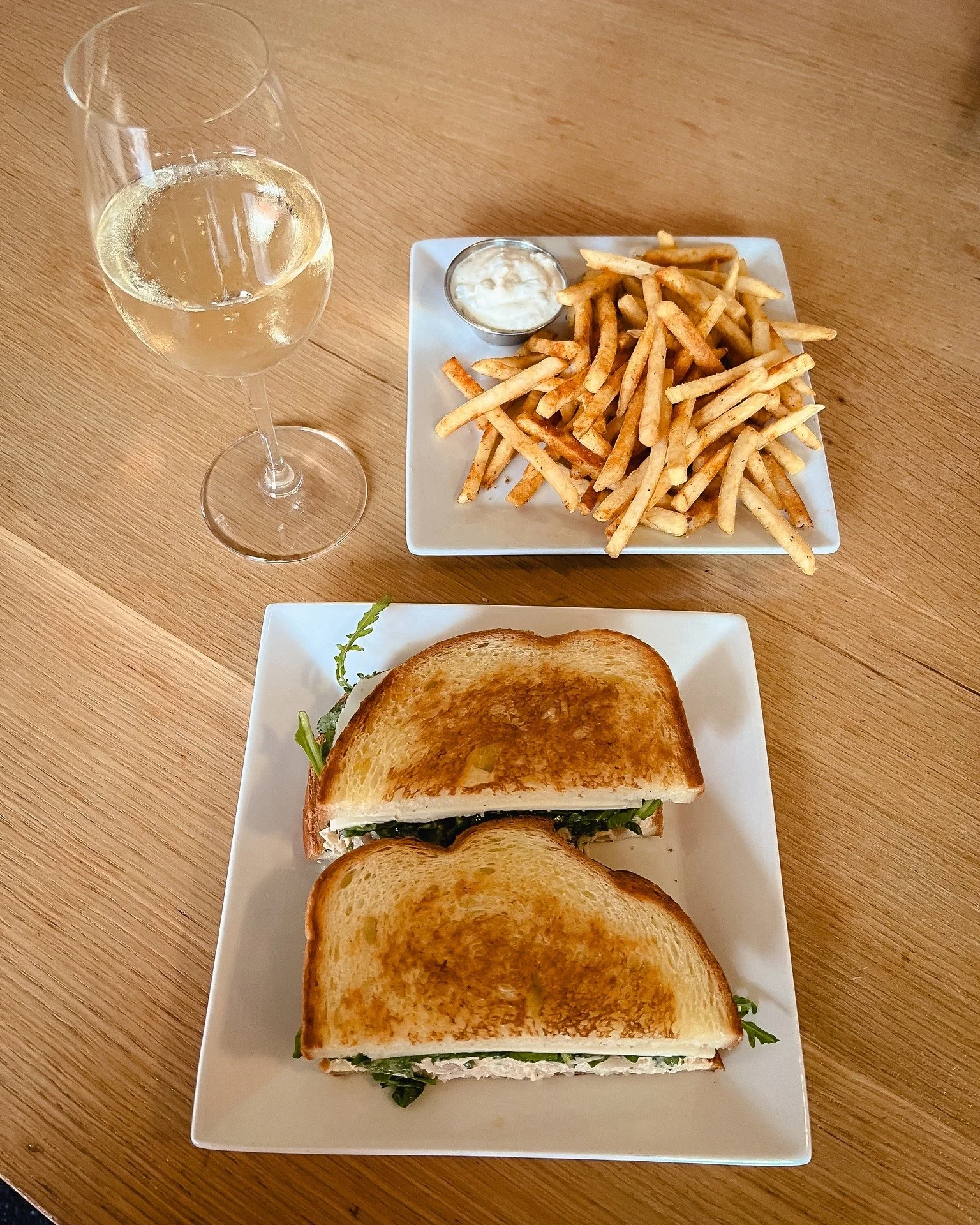 New week, same good stuff. Tuna Salad Sando, fries, and a chilled pour to get Tuesday rolling.