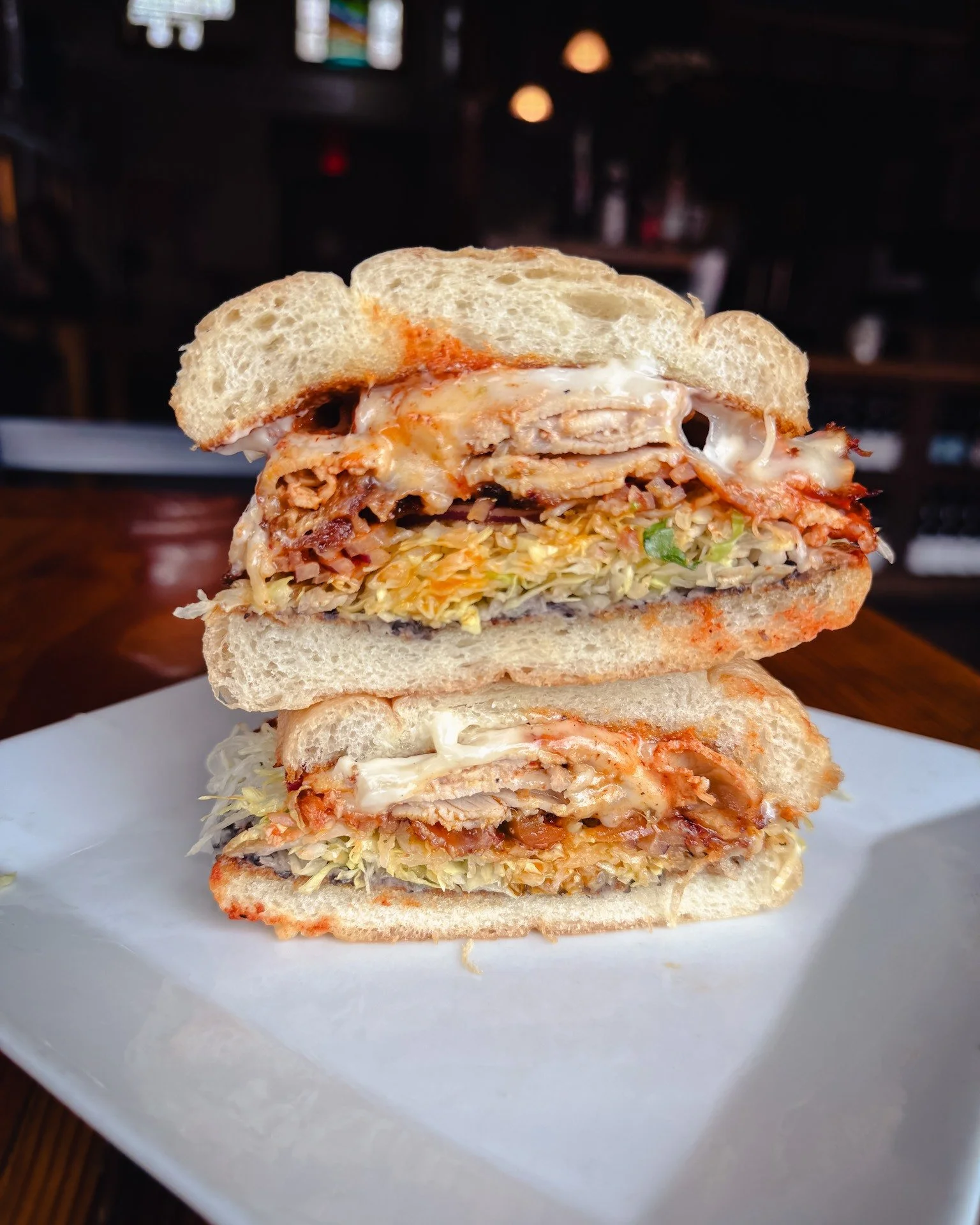 New special on the board: Al Pastor Torta.

Grilled marinated pork loin, pepper jack, pickled jalape&ntilde;o, red onion, shredded lettuce, black bean spread, and lime mayo on a soft roll.

A little heat, a lot of flavor.

Grab one for lunch, add a s