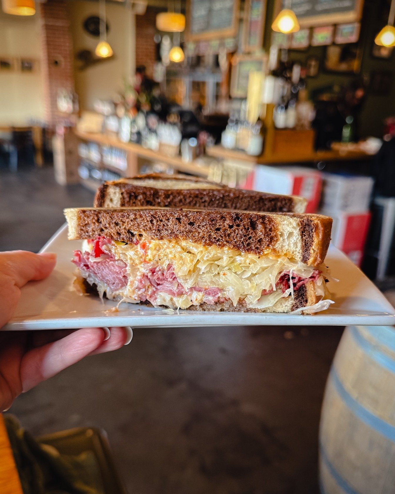 St. Patrick&rsquo;s Day special: The Reuben.

Stacked with corned beef, Swiss, sauerkraut, and Thousand Island on thick-cut marble rye.

Here for the week, or until we run out.

Good with fries. Even better with a pint.