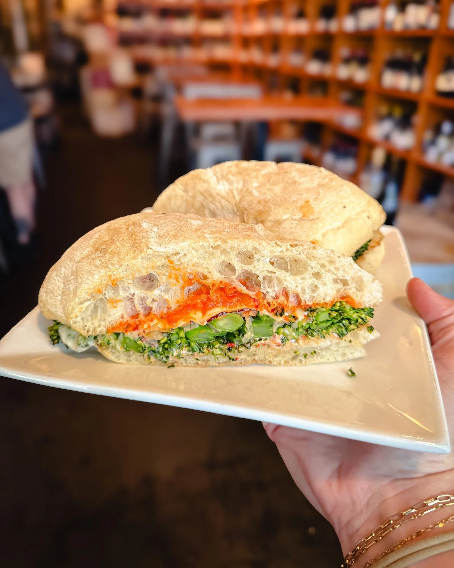 This one&rsquo;s loaded (in the best way).

Garlic broccolini, red onion, aged provolone, pepper spread, and roasted tomato aioli on ciabatta.

Add a cup of soup and you&rsquo;re set for a late lunch&hellip; or an easy dinner.