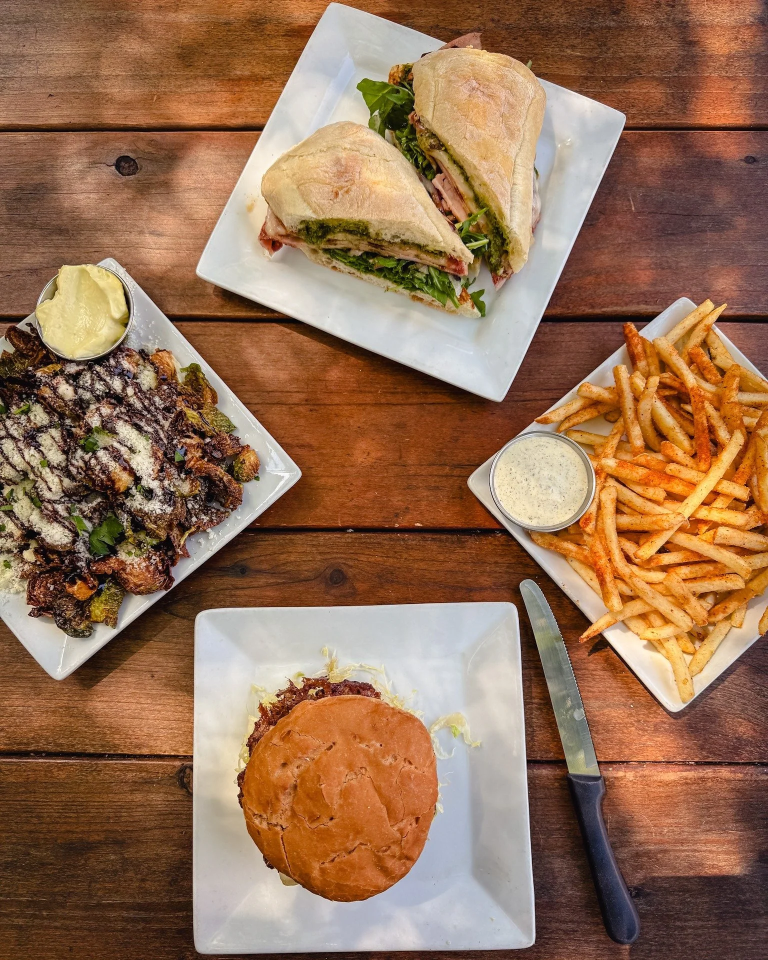 The mortadella sandwich, the smashburger on a GF bun, and a plate of Old Bay Fries and Brussels to share. That's a solid Saturday.