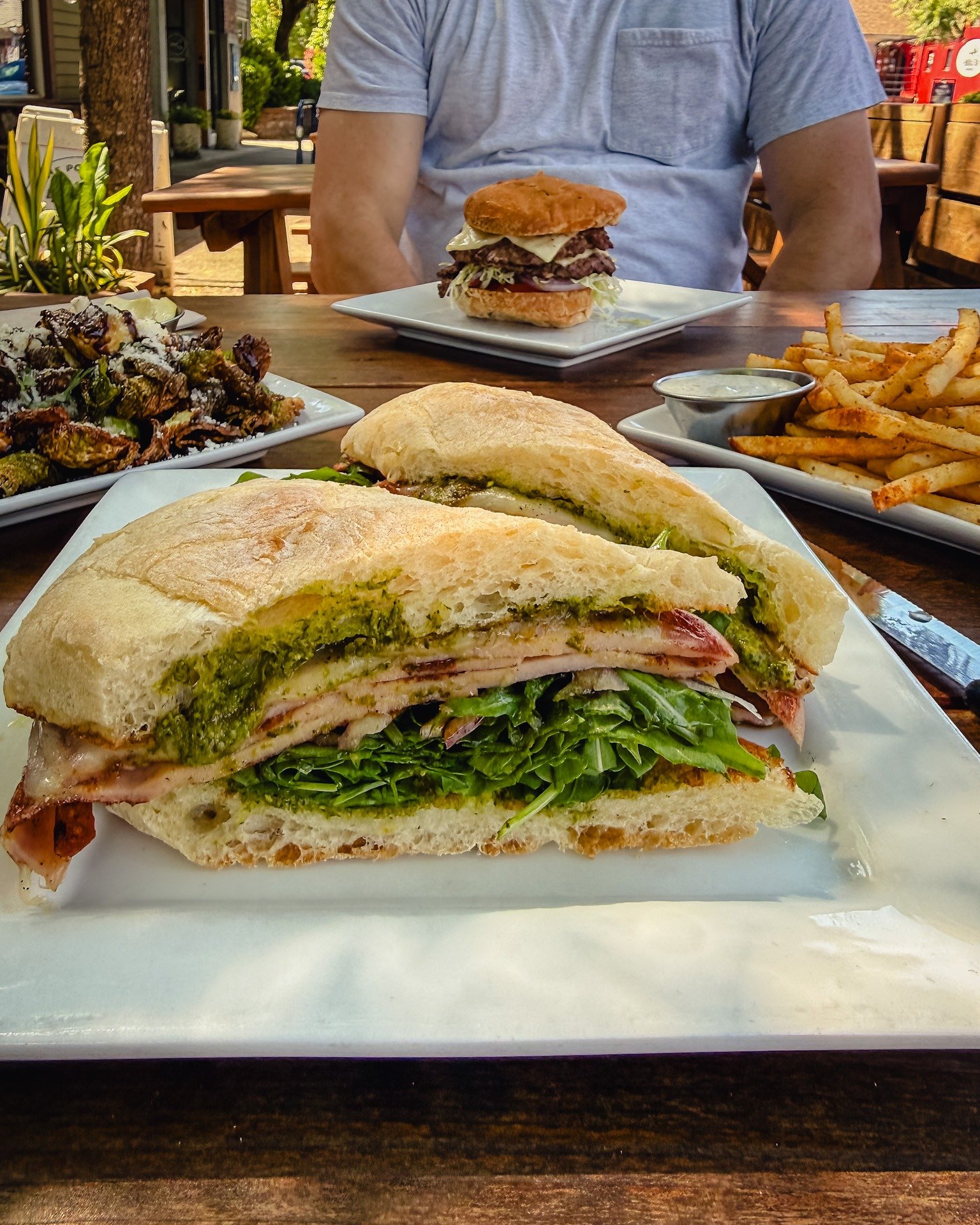 The Grilled Mortadella is still on special and the patio is wide open. 

Provolone, red onion, dressed arugula, balsamic glaze, and housemade pistachio pesto on a ciabatta roll. 

Add a bowl of Clam Chowder (the current soup) or Old Bay Fries and cal