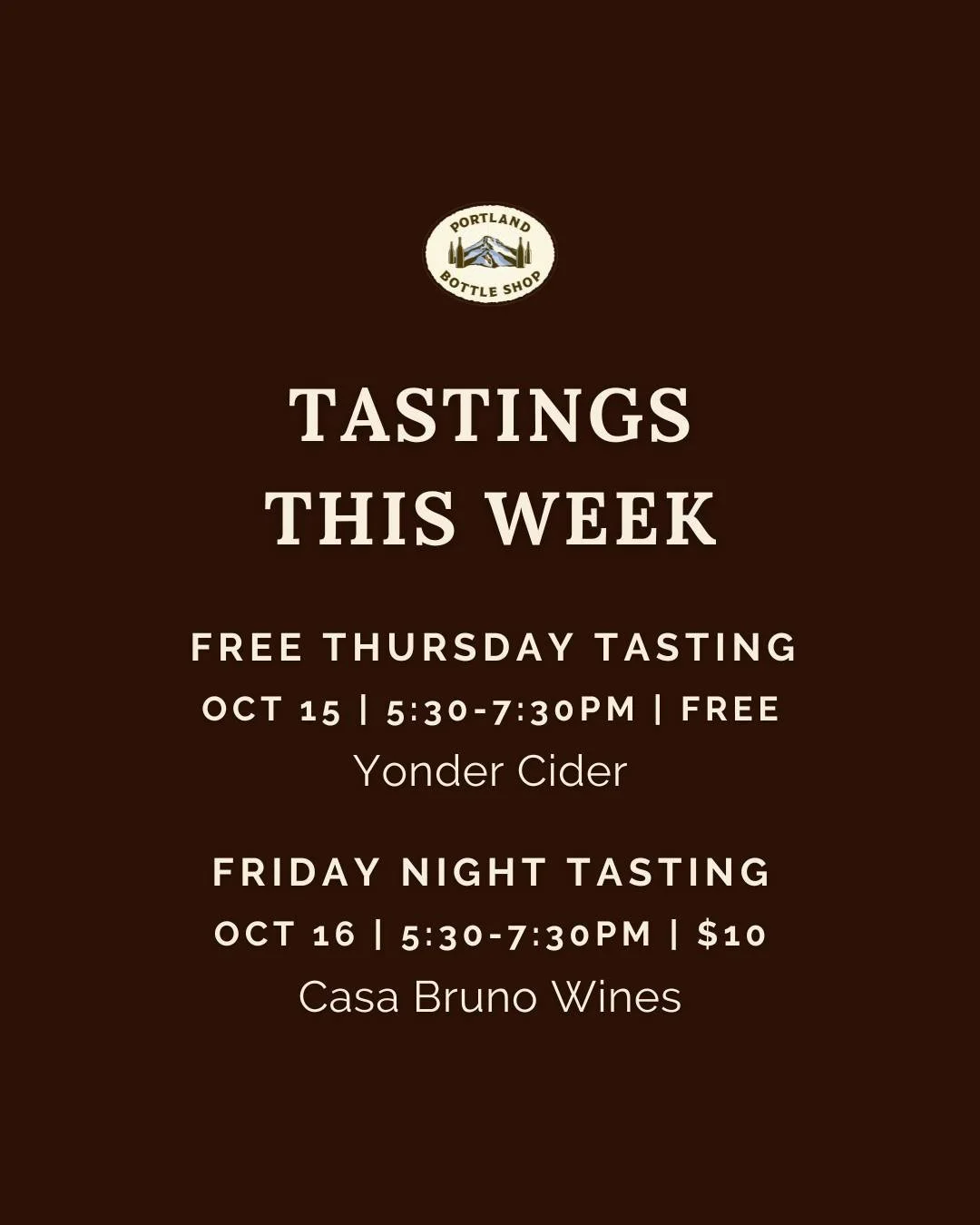 Two tastings on the calendar this week. 🍎🍷

Free Thursday Tasting
Oct 15 | 5:30&ndash;7:30 PM | Free
Yonder Cider is pouring, and it won&rsquo;t cost you a thing. Swing by and find a new favorite.

Friday Night Tasting
Oct 16 | 5:30&ndash;7:30 PM |