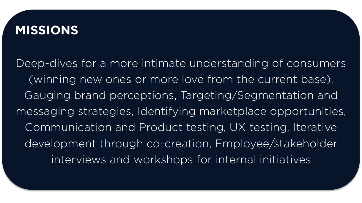 jesse caesar, consumer understanding, brand strategy, stakeholder employee interviews, ad testing, communication testing, targeting, segmentation, product testing, ux testing, creative workshop, co-creation, message testing
