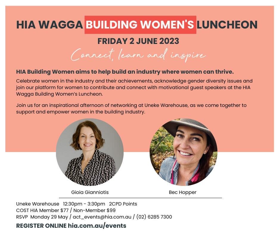 Connect, learn and inspire at the HIA Wagga Building Women's Luncheon! 🙌⁠
⁠
Come along to celebrate women in the building industry and their achievements, acknowledge gender diversity issues and join the platform for women to contribute and connect 