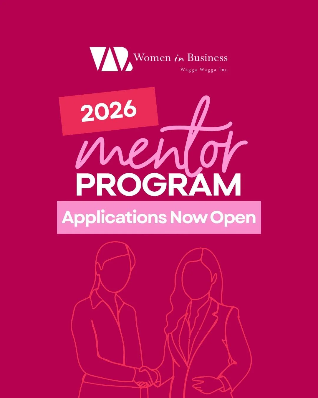 𝐀𝐩𝐩𝐥𝐢𝐜𝐚𝐭𝐢𝐨𝐧𝐬 𝐚𝐫𝐞 𝐧𝐨𝐰 𝐨𝐩𝐞𝐧 𝐟𝐨𝐫 𝐭𝐡𝐞 𝟐𝟎𝟐𝟔 𝐖𝐨𝐦𝐞𝐧 𝐢𝐧 𝐁𝐮𝐬𝐢𝐧𝐞𝐬𝐬 𝐌𝐞𝐧𝐭𝐨𝐫 𝐏𝐫𝐨𝐠𝐫𝐚𝐦!

Our annual mentoring program links members of Women in Business with successful Riverina women in order to engage in