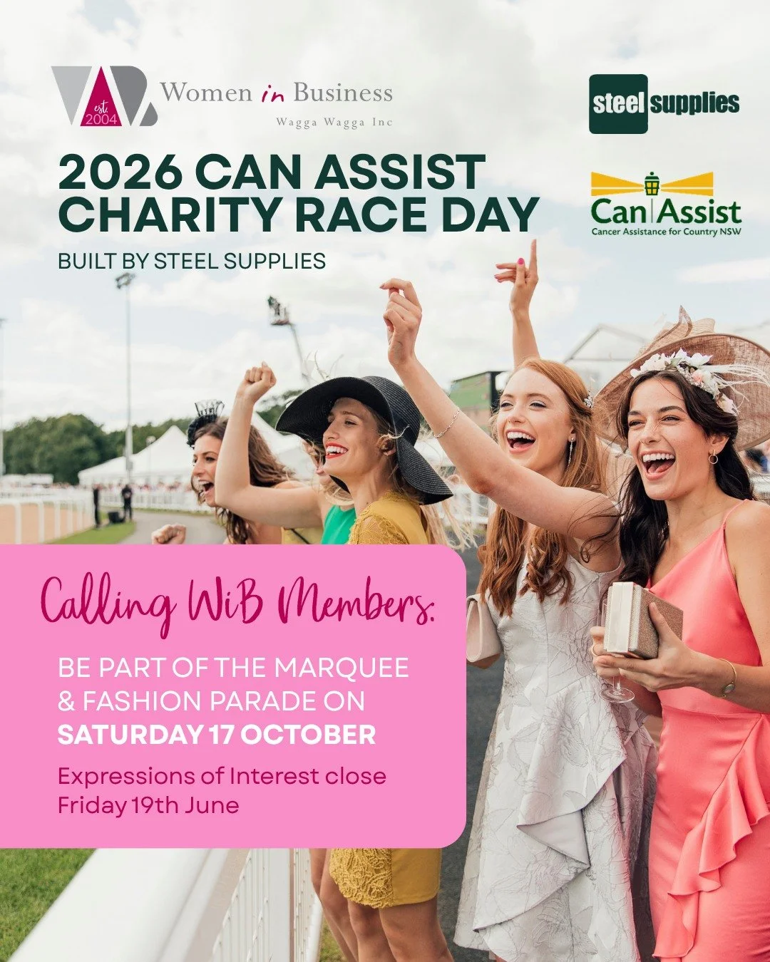 Expressions of Interest: Sub-Committee Opportunity

Women in Business will be part of the Can Assist Race Day on Saturday 17th October, with a Marquee and Fashion Parade. 👗🏇

We&rsquo;re looking for members to join a sub-committee to help bring thi