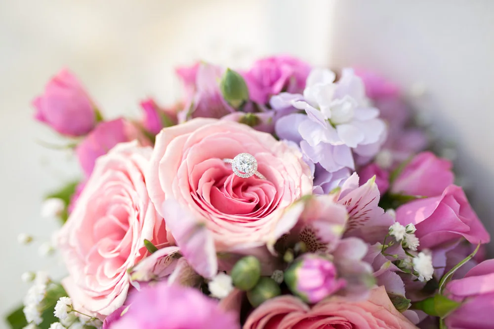 Halo engagement ring in a beautiful pink wedding bouquet from Twin Towers Florist in Arlington VA| Megan Rei Photography | Washington, DC Wedding