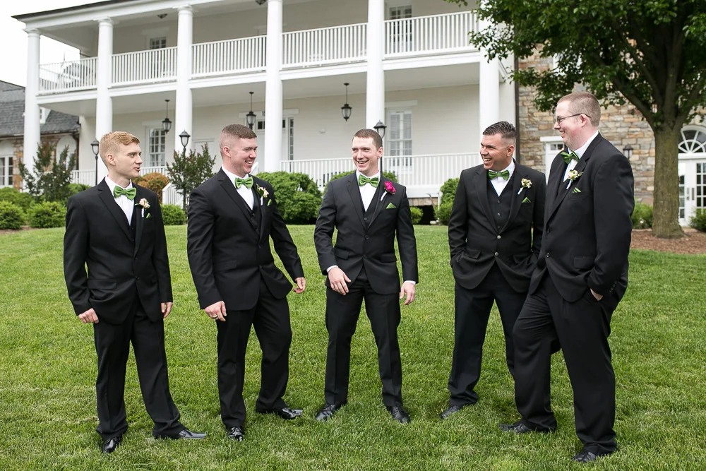 Groom and groomsmen in front of the Inn at Evergreen, Haymarket VA | Documentary style wedding photographer | Megan Rei Photography