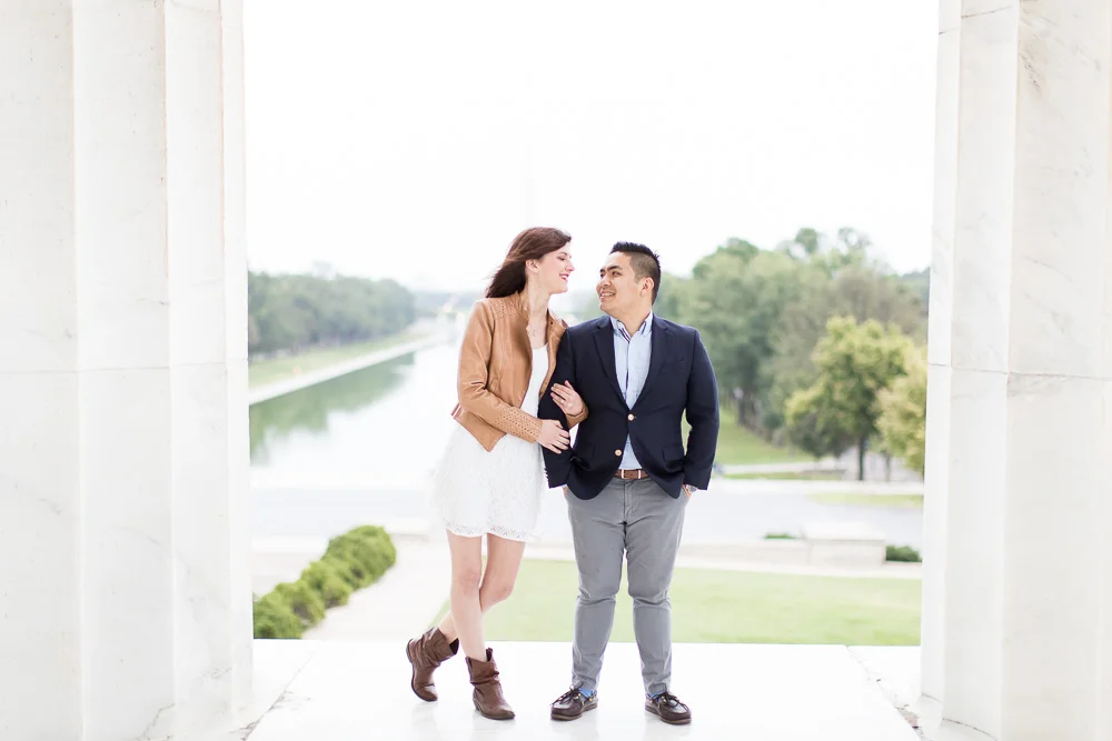 Engagement photo at the Lincoln Memorial with Washington Monument in the background | Sunrise engagement session at the DC monuments | Best DC Engagement Photo Locations