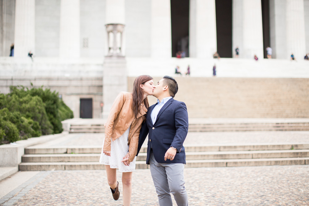A sweet kiss by the DC monuments | Best places for Washington DC Engagement Photos | Megan Rei Photography