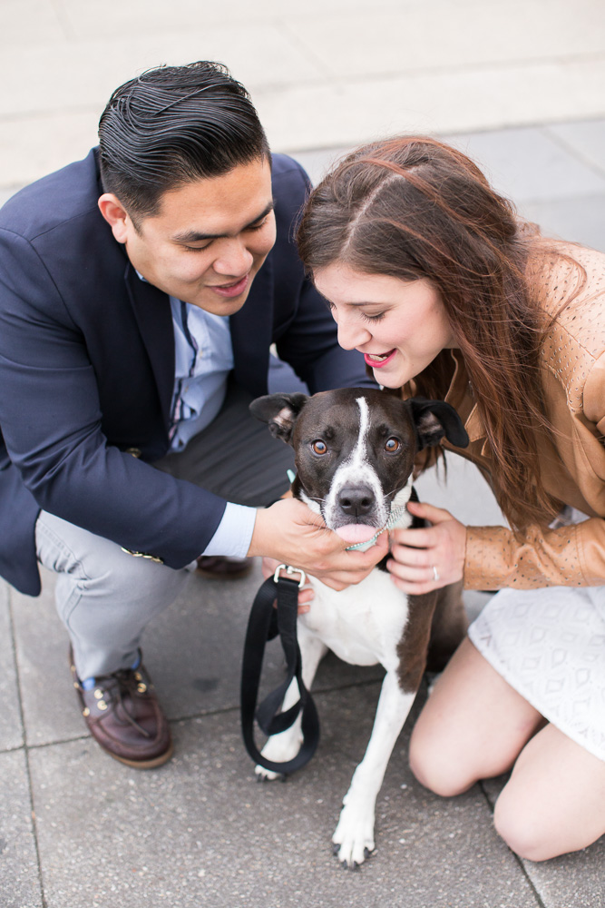 Happy couple with their dog during their engagement pictures | Washington DC Dog Photographer